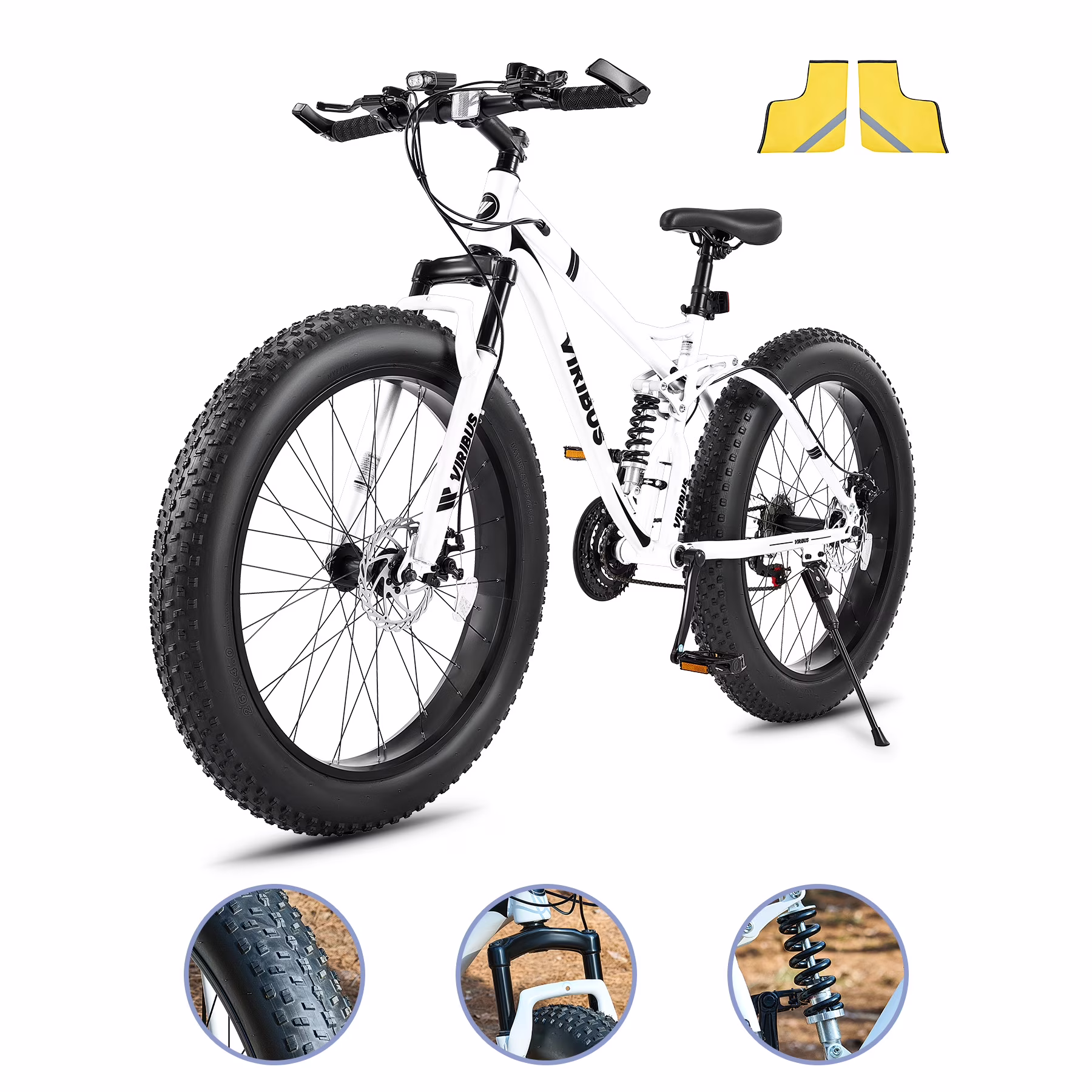 Viribus Full Suspension Mountain Bike 21 Speed 26 Fat Tire Bicycle for Men Women White