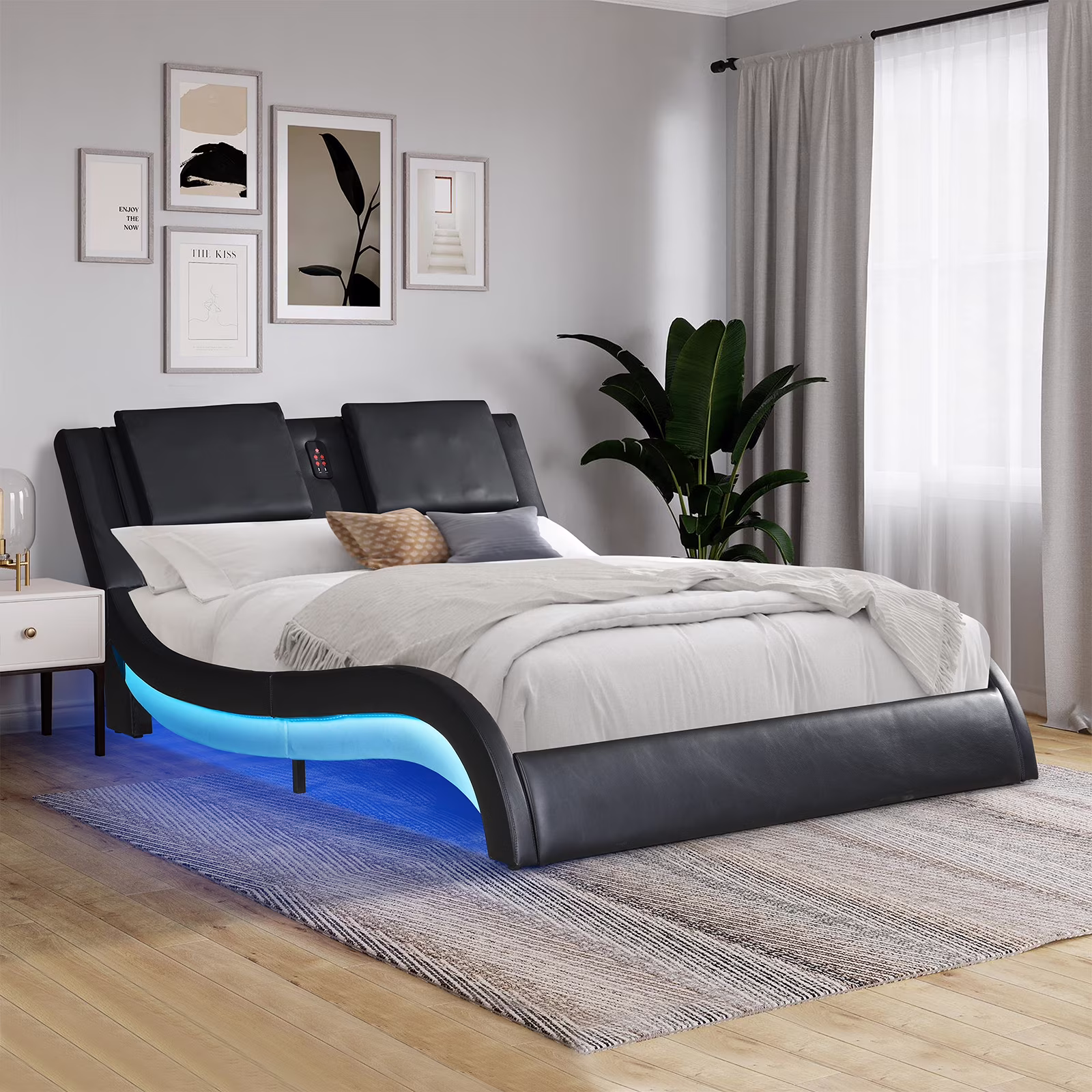 King Size Platform Bed Frame wth LED Light And USB Charging Ports Headboard, Wave-Like Curve Backrest Vibration Massage Upholstered Faux Leather Bed for Home(White1-1) - Image 3