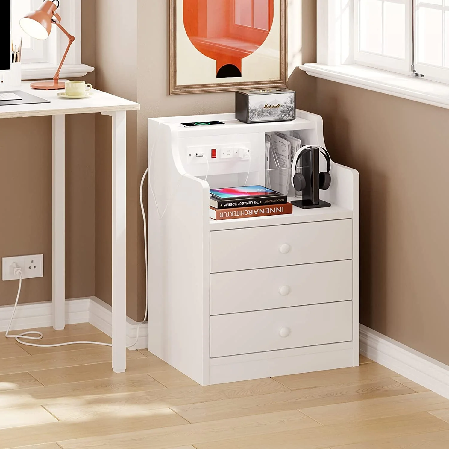 ADORNEVE Nightstand with Charging Station and 3 Storage Drawers, White(1PCS/Black) Image 6