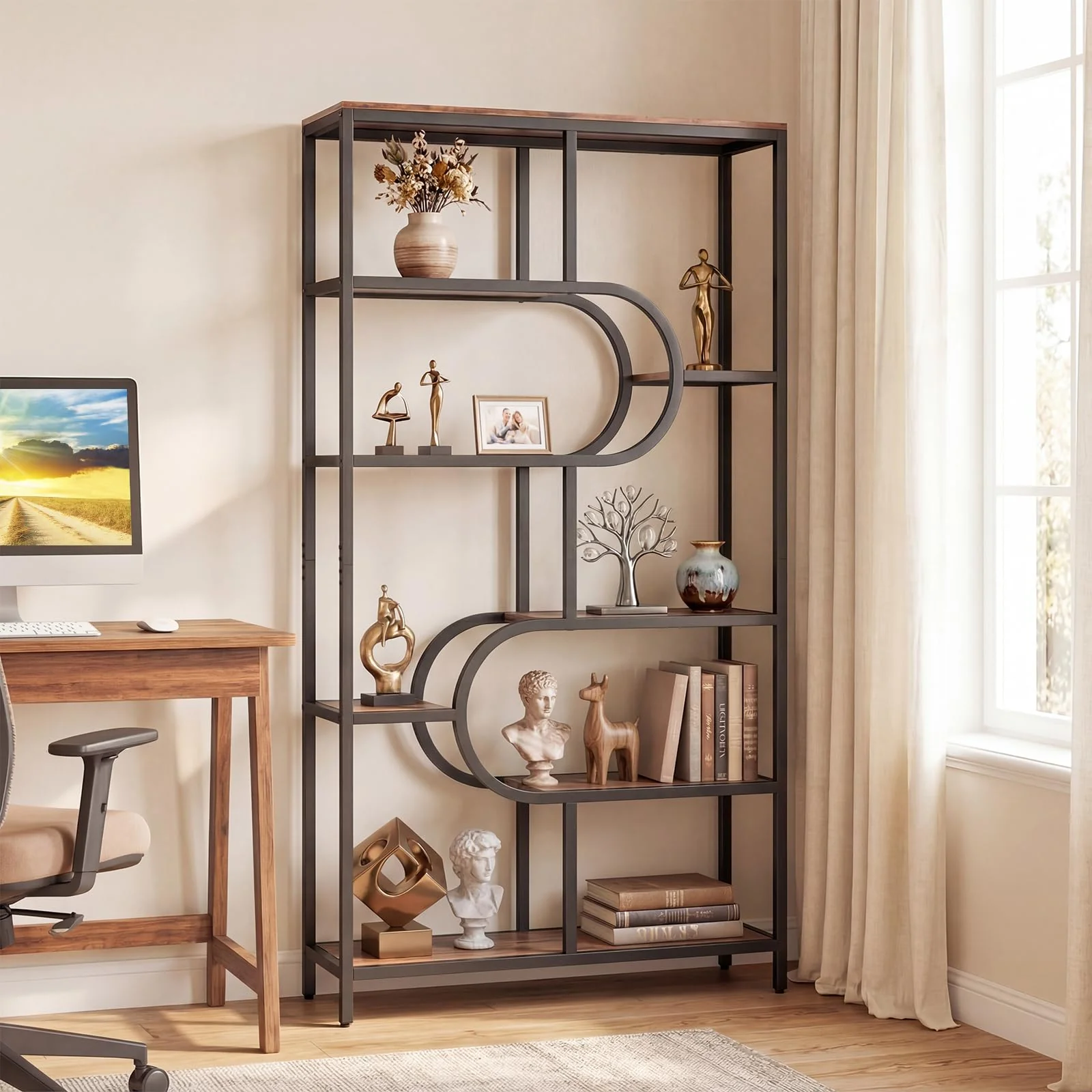 Tangkula Geometric Bookshelf Freestanding Open Bookcase Industrial Display Rack