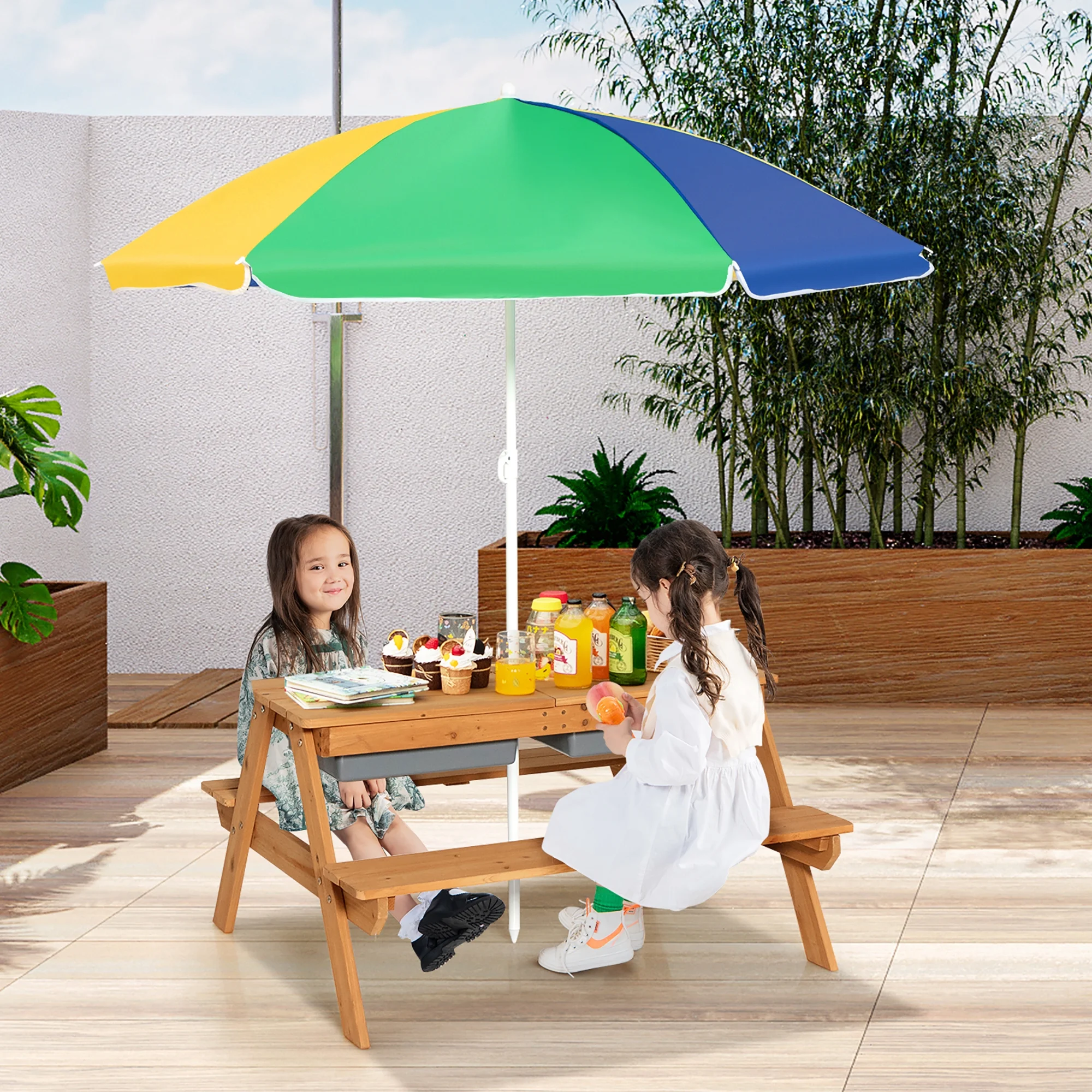 3-in-1 Kids Picnic Table Wooden Outdoor Sand Water Table with Umbrella Play Boxes Green(Green) - Image 2