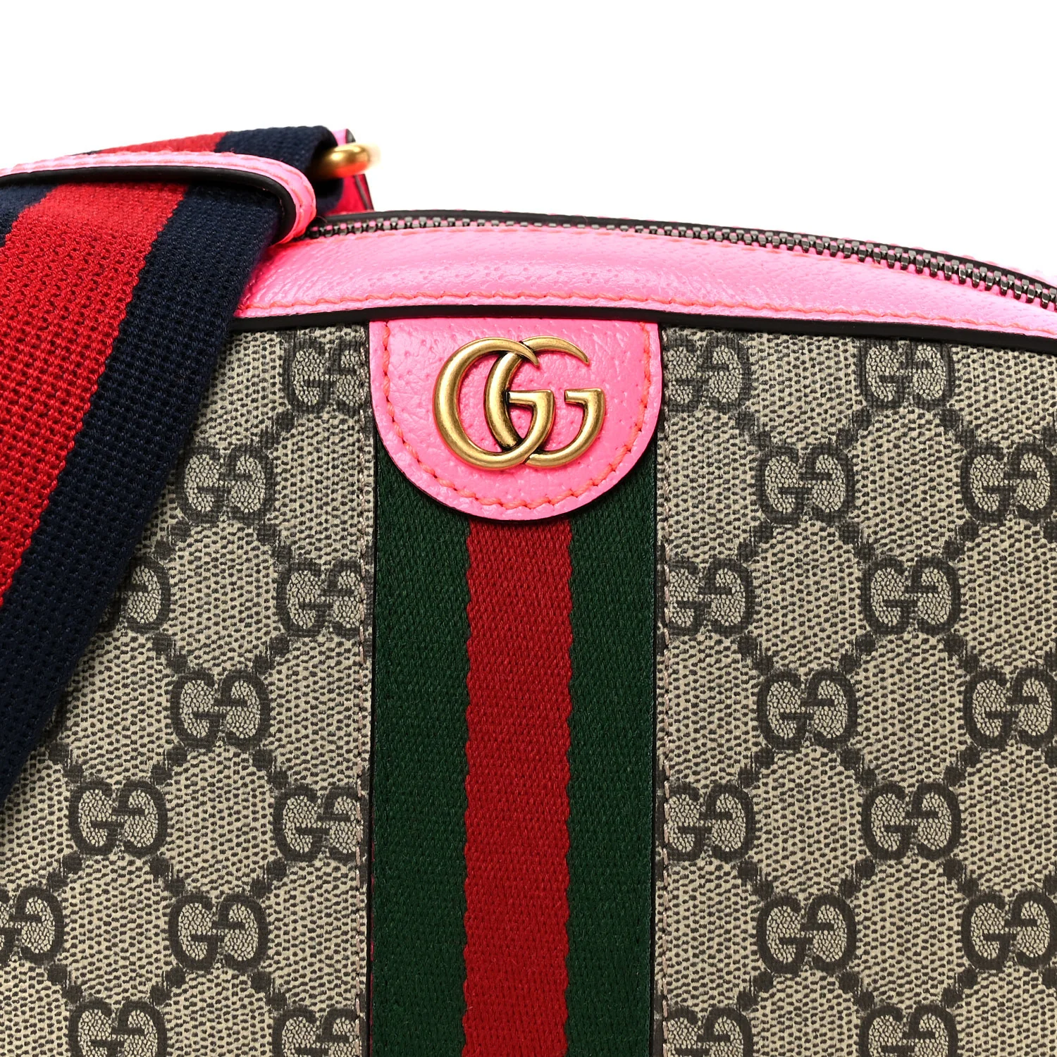 GG Supreme Monogram Textured Dollar Calfskin Web Ophidia Small Crossbody Bag Beige Ebony Fuchsia