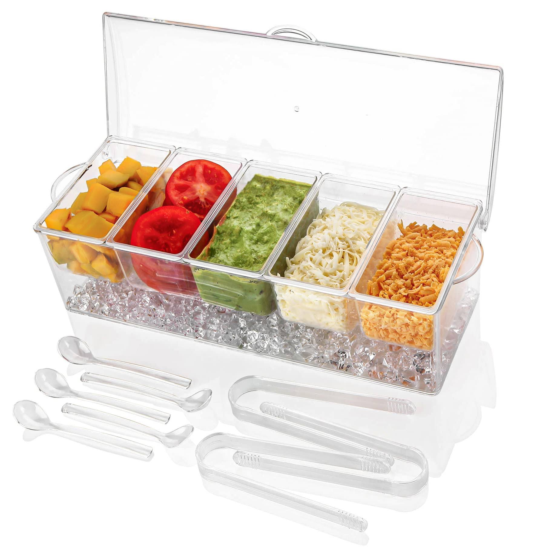 IVYHOME Ice Chilled 5 Compartment Condiment Server Caddy | Plastic Storage Food Containers | Serving Tray Container with 5 Removable Dishes Over 2 Cup