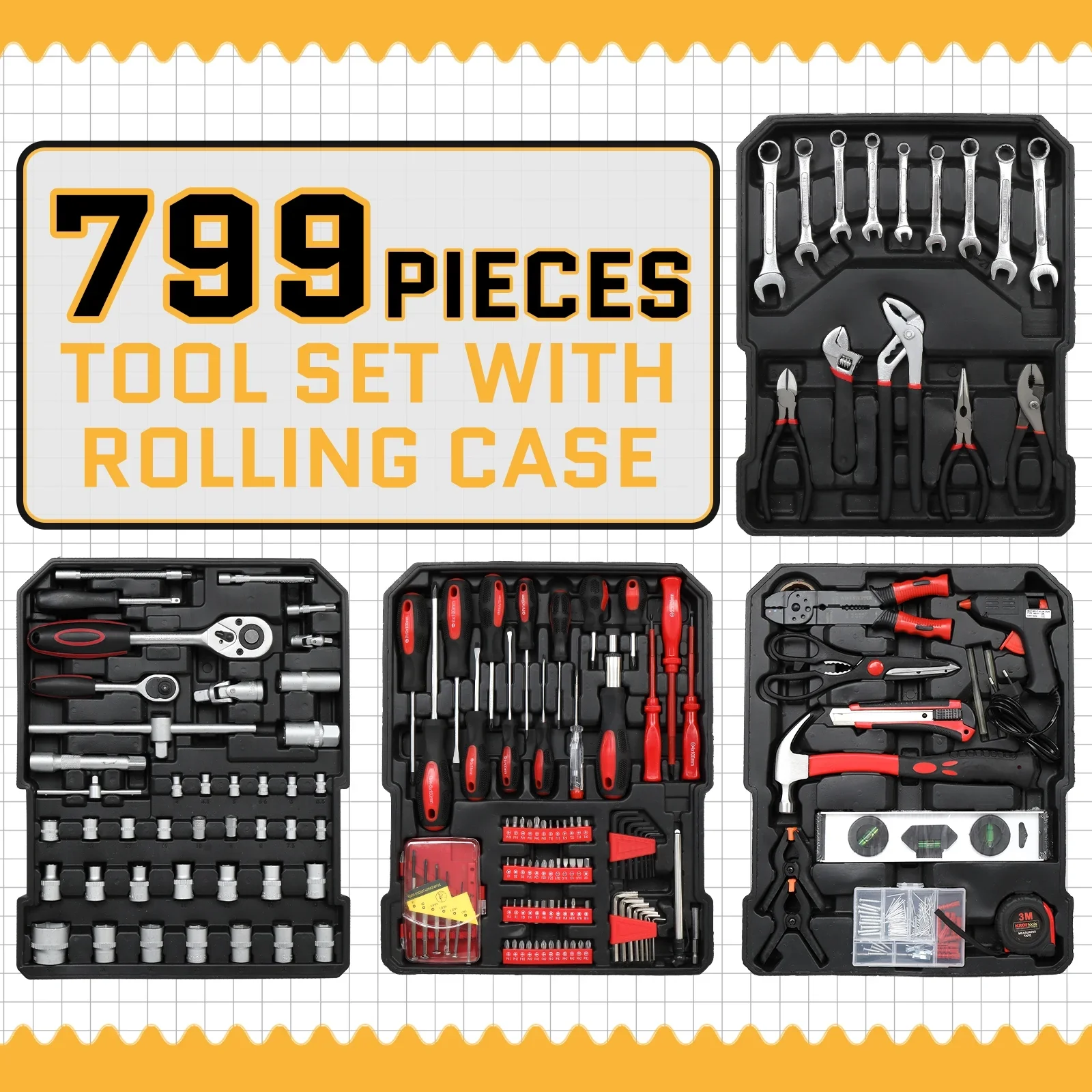 UBesGoo 799 Pcs Tool Set, Household Repair Hand Tool Kit, Mechanics Tool Kit, with Trolley Case, Silver