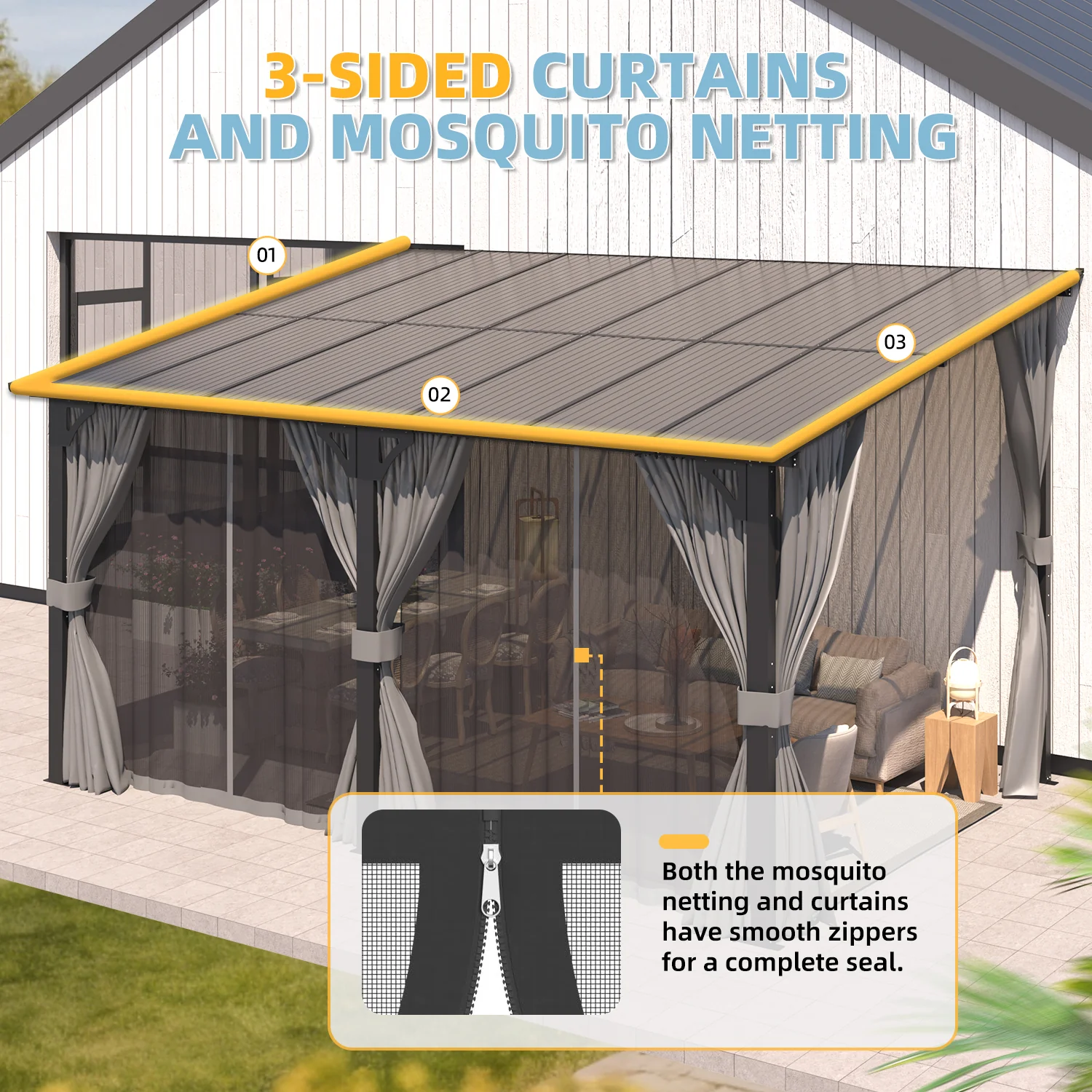 AECOJOY 20'x10' Wall Gazebo with Curtains and Mosquito Netting, Gray