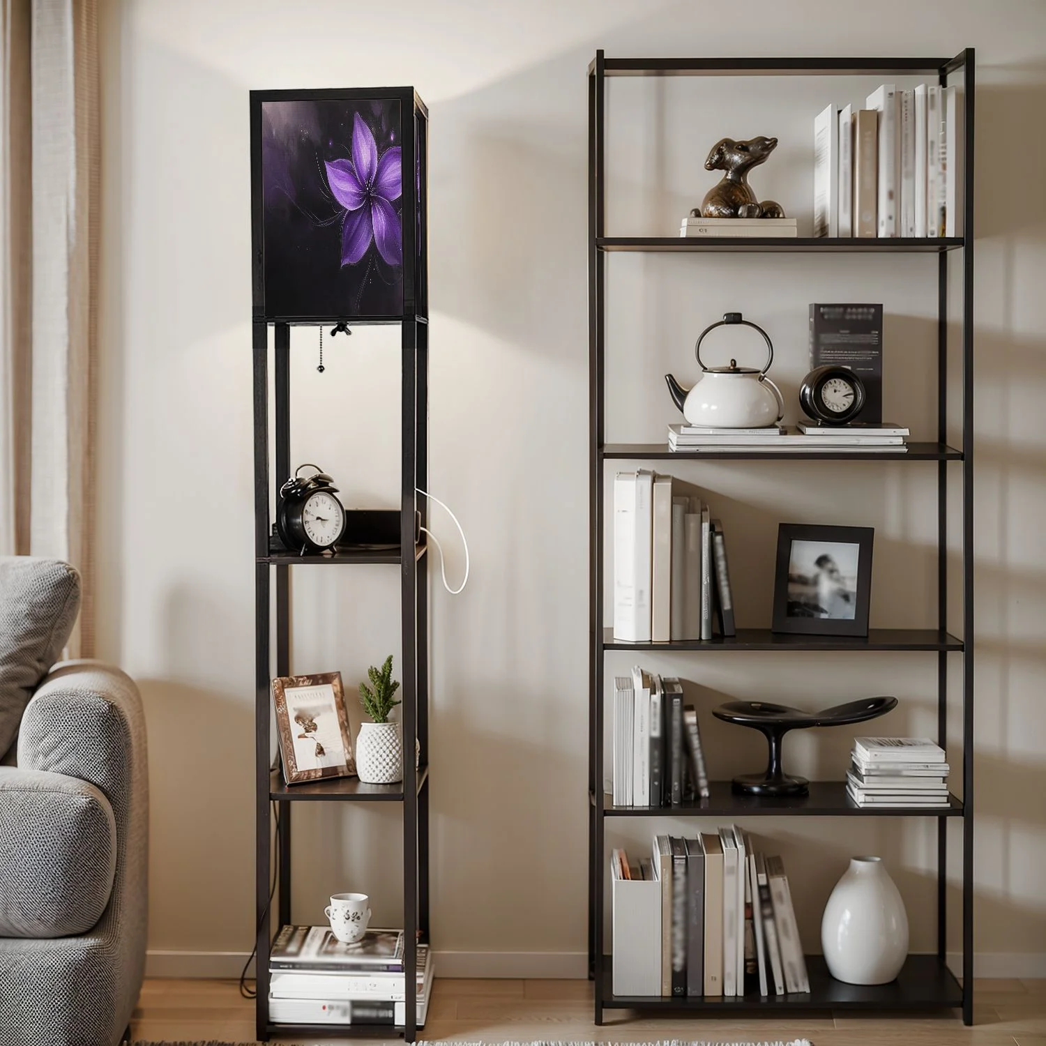 Floor Lamp with Shelves Corner Display Bookshelf Lamp for Living Room and Bedroom Purple Purple Wall Decor Purple Flower LED Modern Shelf Floor Lamp 3 Color Temperature(Color-1) - Image 7