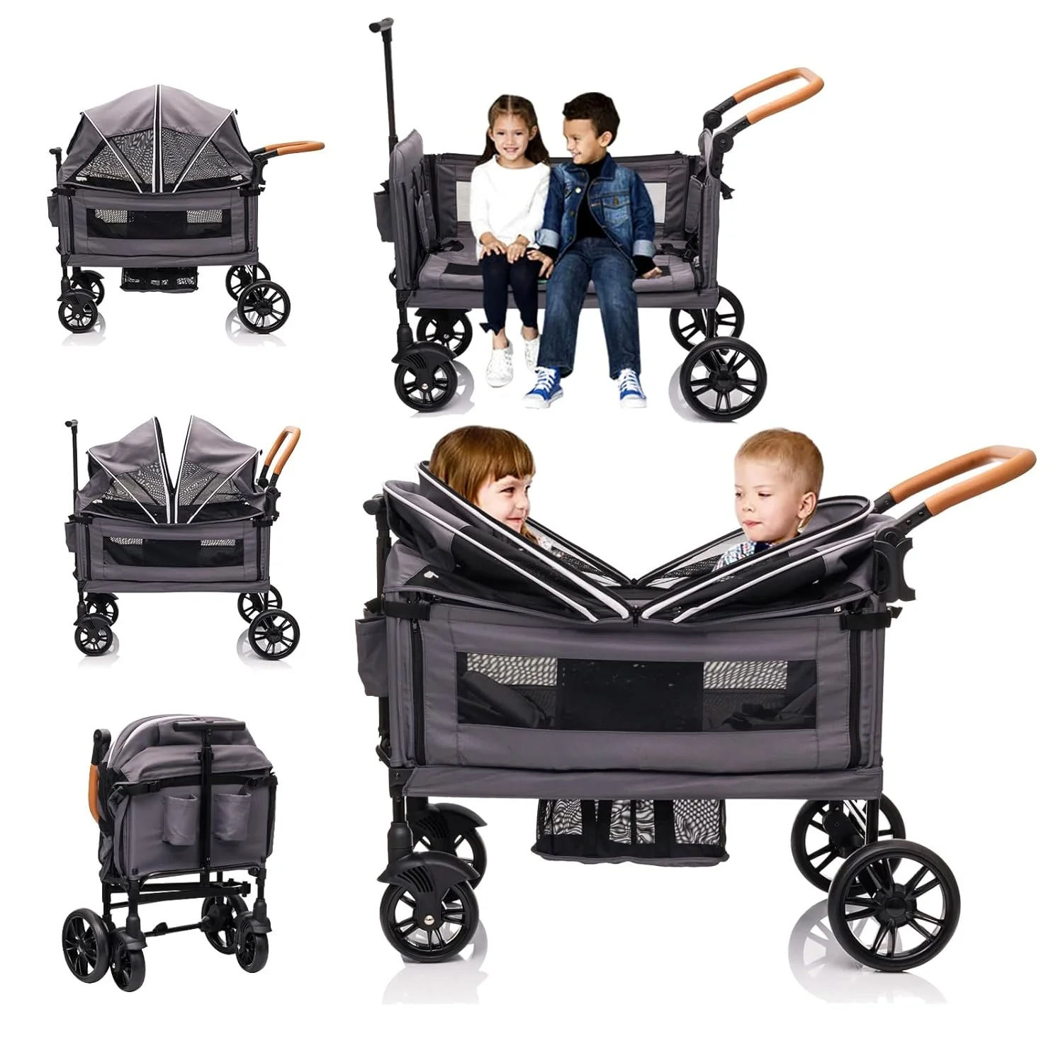 Poussette-wagon pour 2 enfants et poussette de voyage cargo - Poussette double légère et pliable pour nouveau-né et tout-petit avec harnais 5 points, guidon et capote réglables, tablette et porte-gobelet