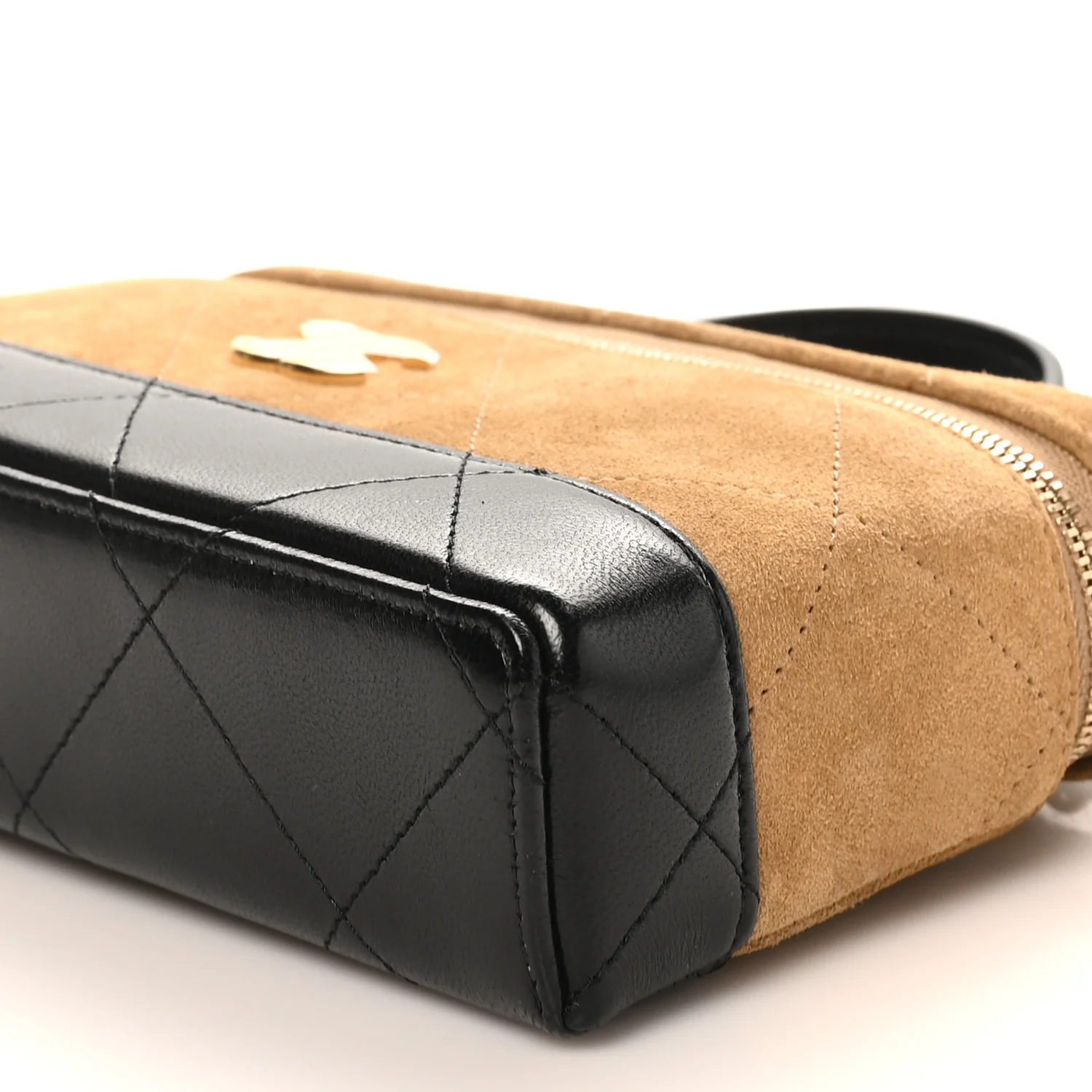 Suede Calfskin Shiny Lambskin Quilted Top Handle Slim Vanity Case With Chain Beige Black