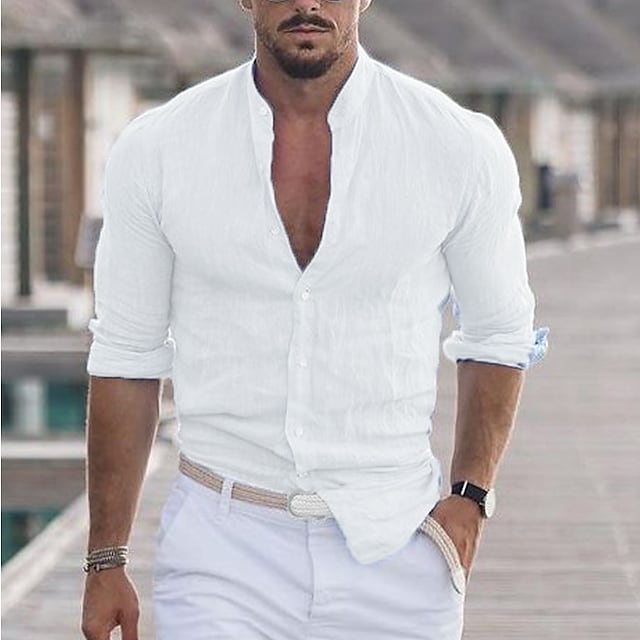 Chemise homme en lin uni, col montant, manches longues, style décontracté