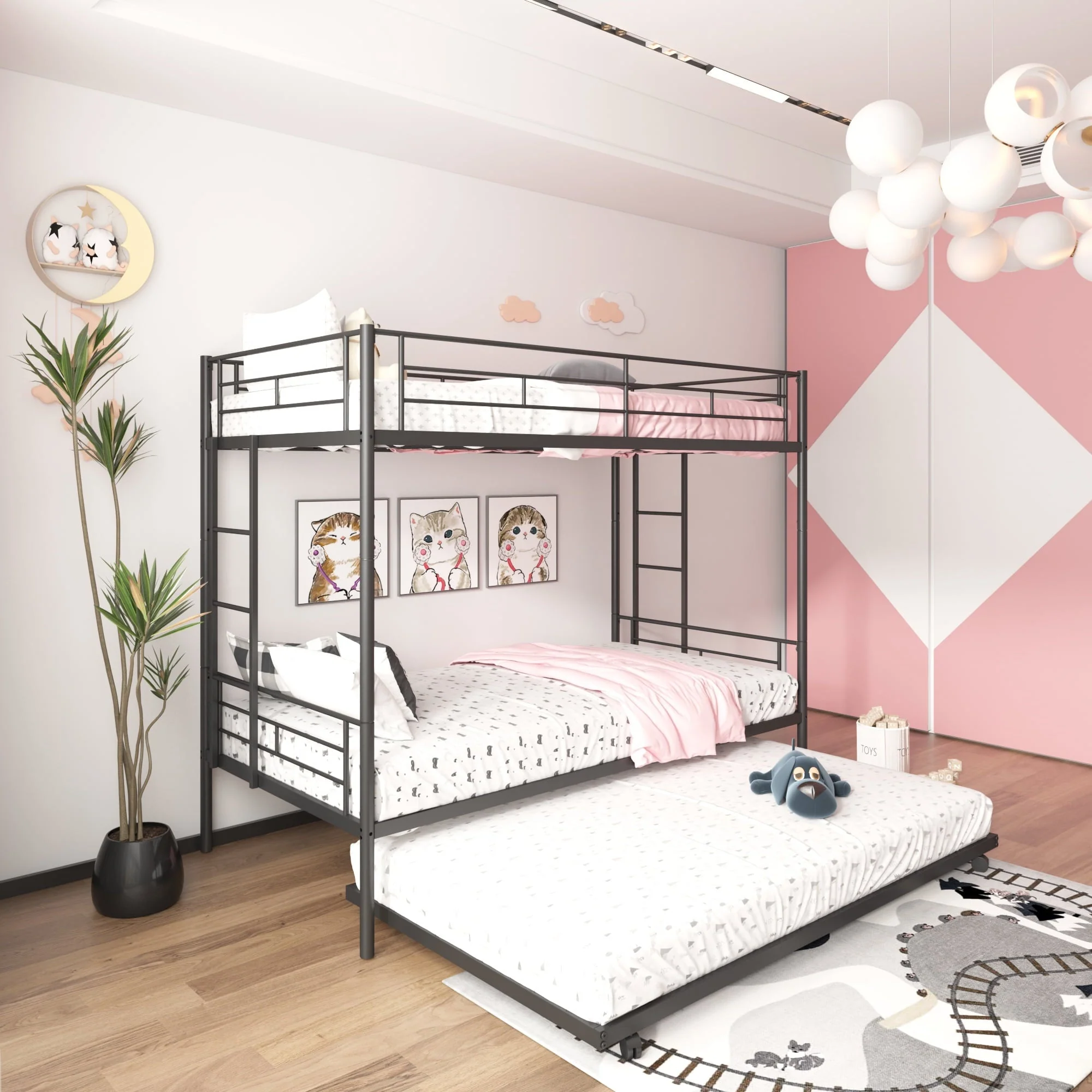 Twin Over Twin Bunk Bed with Trundle, Metal Bunk Beds for Kids Adults Teens, Bed Frame Can Be Divided Into 2 Twin Beds with 2 Side Ladders, Metal Support Slat, Safety Guard Rail, Black Image 3