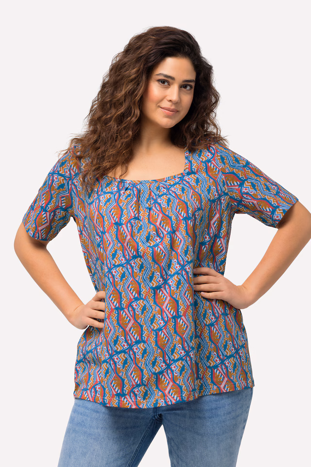 Pleated Geometric Print Square Neck Tee