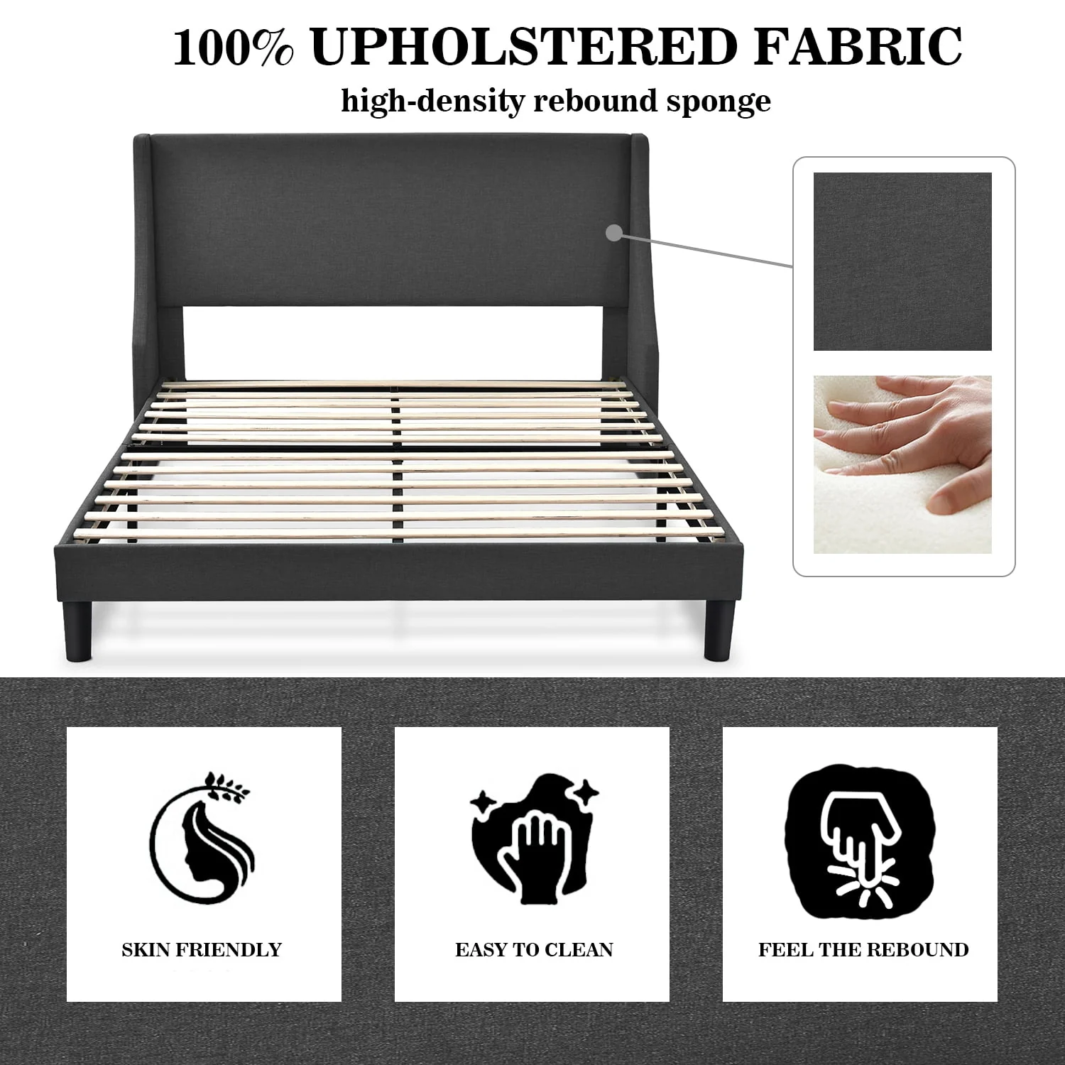 King Size Fabric Upholstered Platform Bed Frame with Wingback Headboard, Dark Grey(Full/Burnt Orange) - Image 7