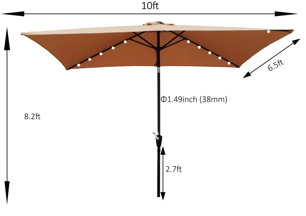 10 x 6.5t Patio Umbrella,Rectangular Picnic Table Umbrella,6-8 Chairs Tilt Umbrella with 26 LED Lights,Waterproof Umbrella Sunshade with Crank and Push Button Tilt for Garden Backyard Pool,Mushroom