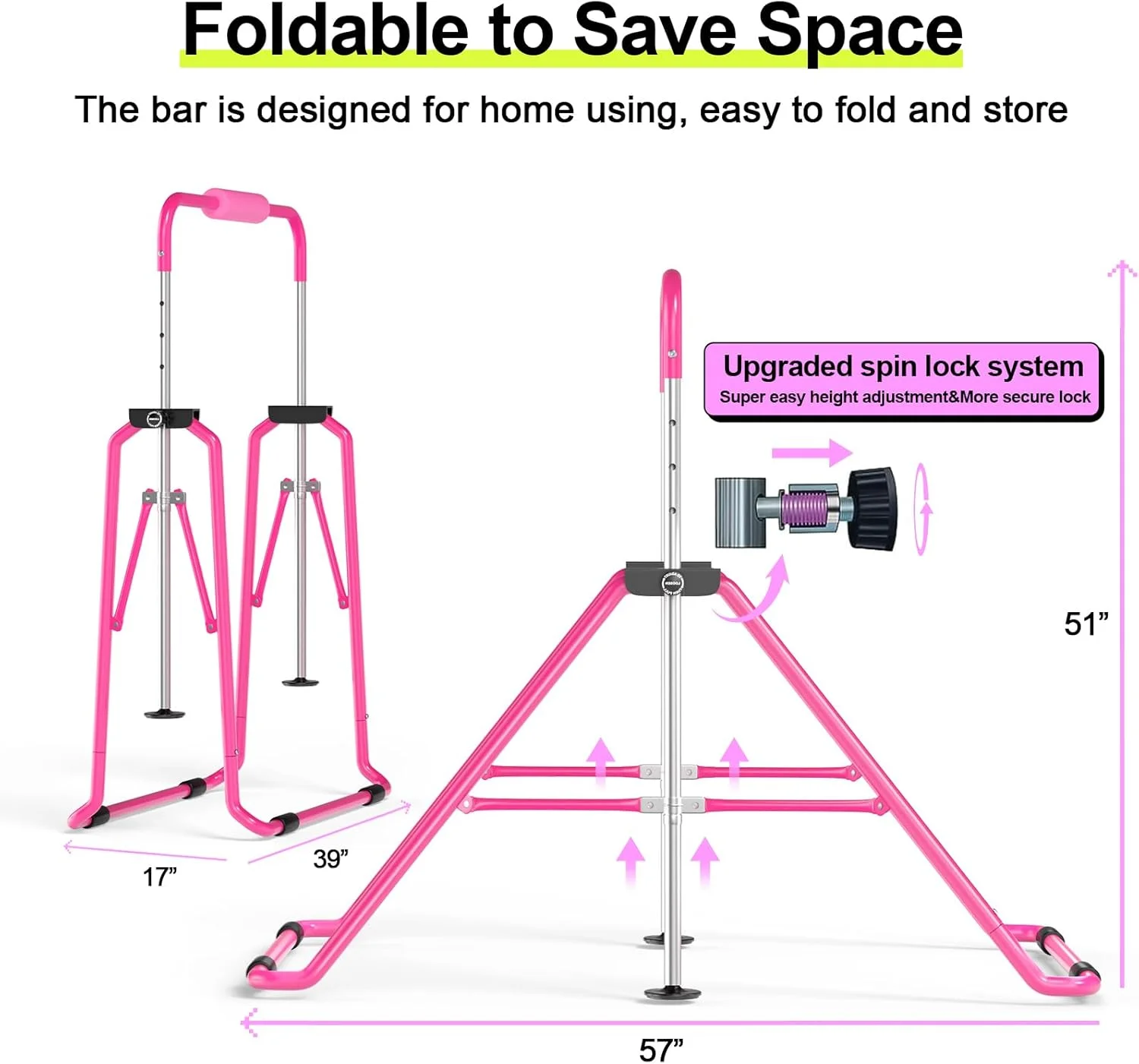 Gymnastics Bar with Mat for Kids, Height Adjustable Junior Training Bar Mat for Home, Folding Gymnastic Horizontal Bars Equipment (Pink+Mat)(PINKBARMAT) - Image 8