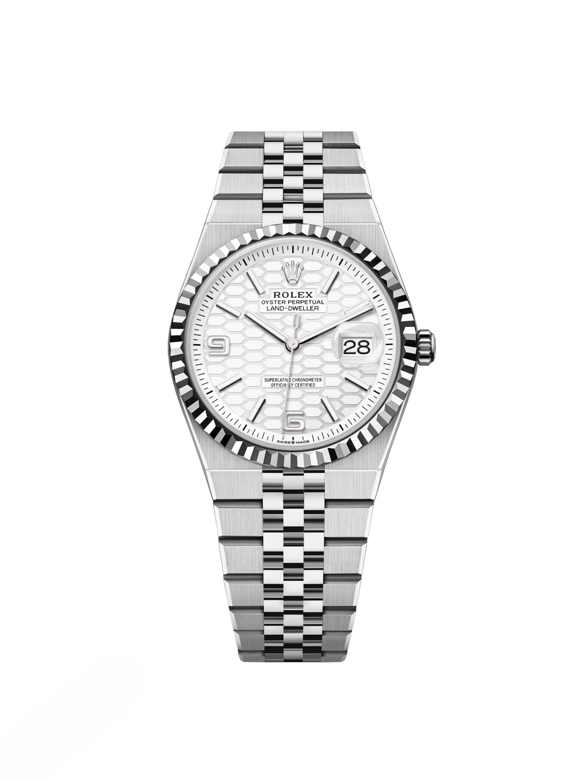 【Super Clone】RLX Land-Dweller 127234-0001 White Honeycomb Dial White Rolesor Jubilee Bracelet 36mm