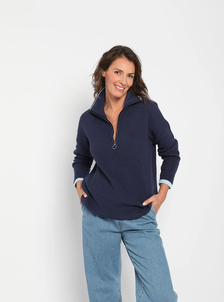 Pull col camionneur femme bleu marine