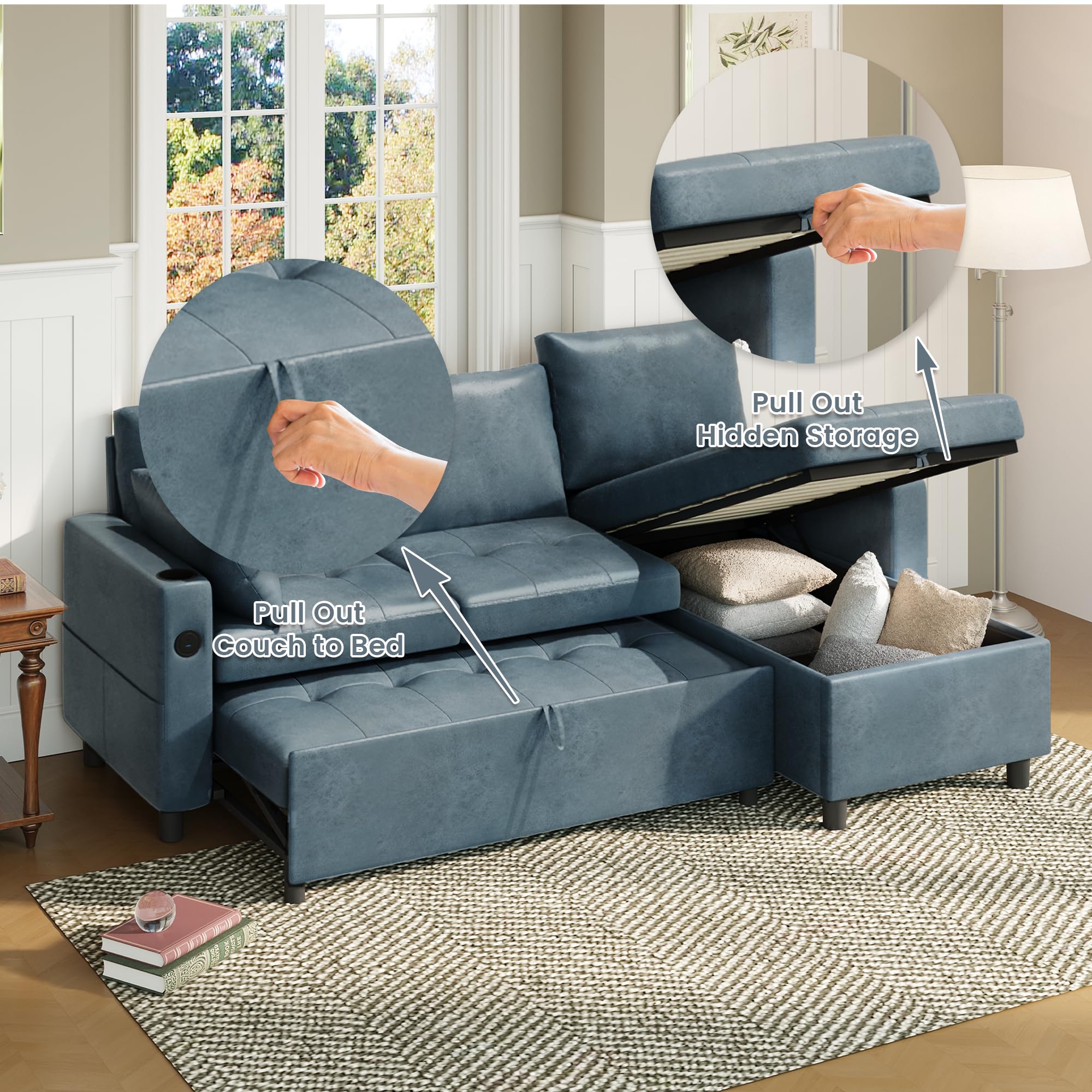 AECOJOY Sleeper Sofa Couch with Pullout Bed, Faux Leather, Blue