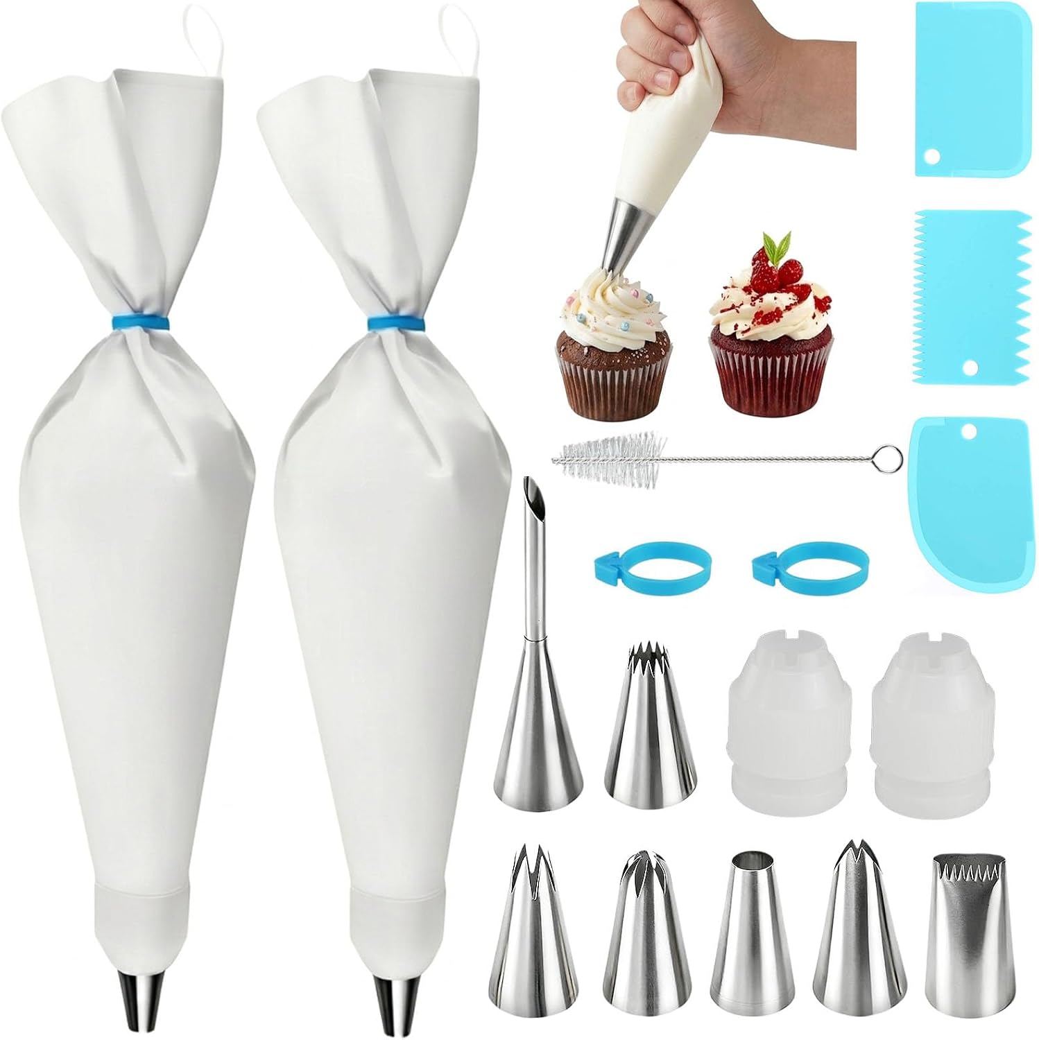 17-Piece Piping Bags and Tips Set, 2 Reusable 16 Inch Cotton Pastry Bags