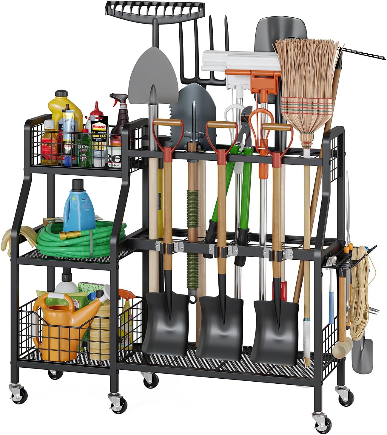 keomaisyto Heavy-Duty Garden Tool Organizer with 6 Wheels and 2 Baskets