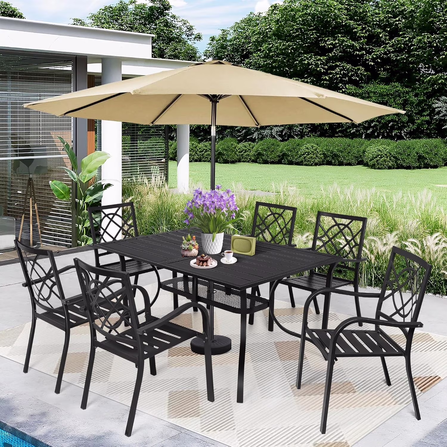 SUNCROWN 7-Piece Outdoor Wrought Iron Chairs and Table Patio Dining Furniture Set - 6 Stackable Metal Chairs, 1 Steel Slat Bistro Table and 1 Brown 9Ft Patio Umbrella for Garden Backyard Deck