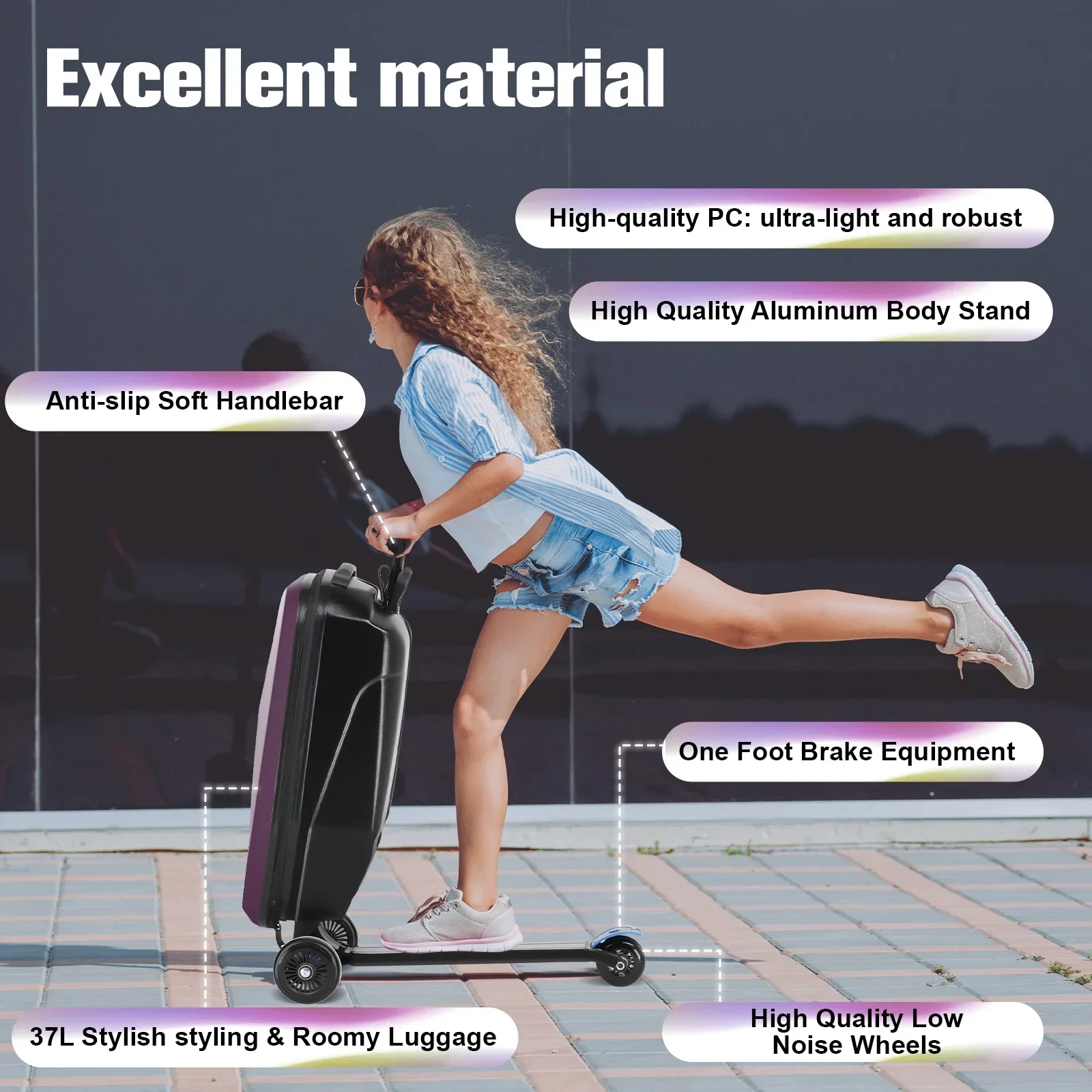Advwin Scooter Luggage for Kids & Adults, Hardside Ride on Suitcase for Kids Ages 4-15 Multifunctional Lightweight Foldable Carry on Luggage with Wheels Ride on for Children Teenagers, Pink