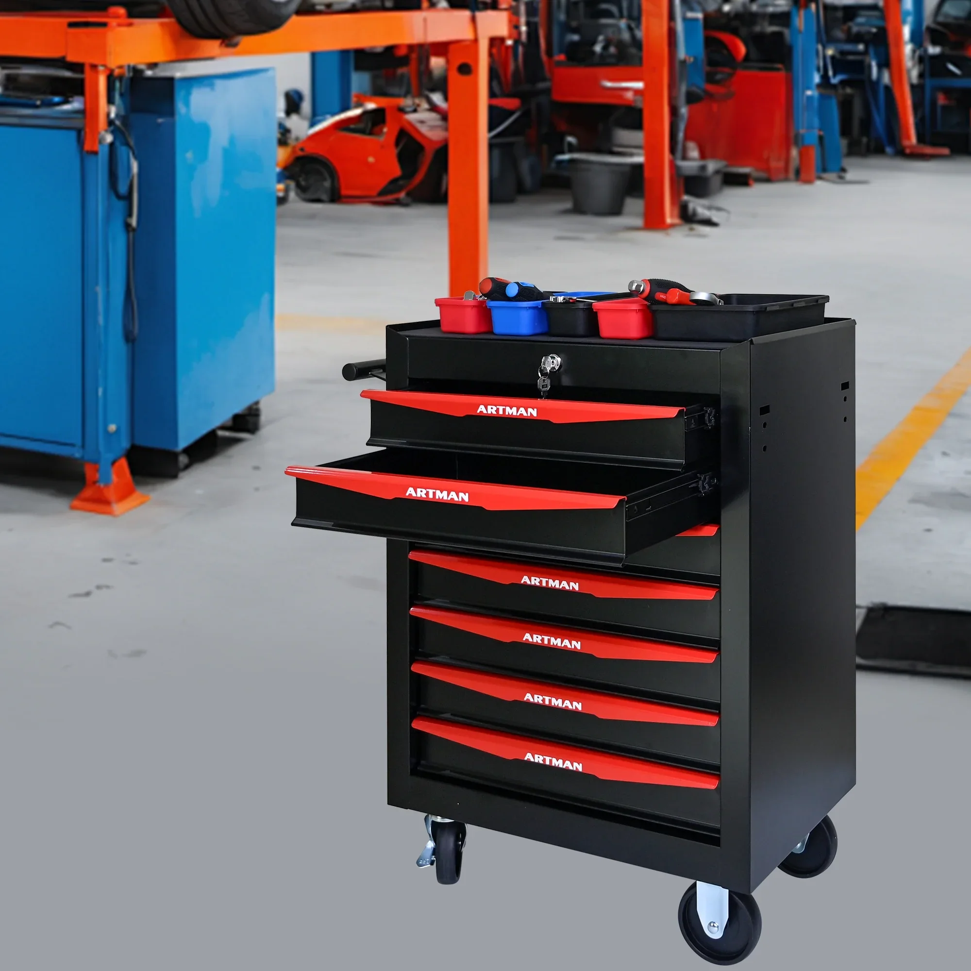Witaxima 20 7-Drawer Rolling Metal Tool Chest, Black & Red