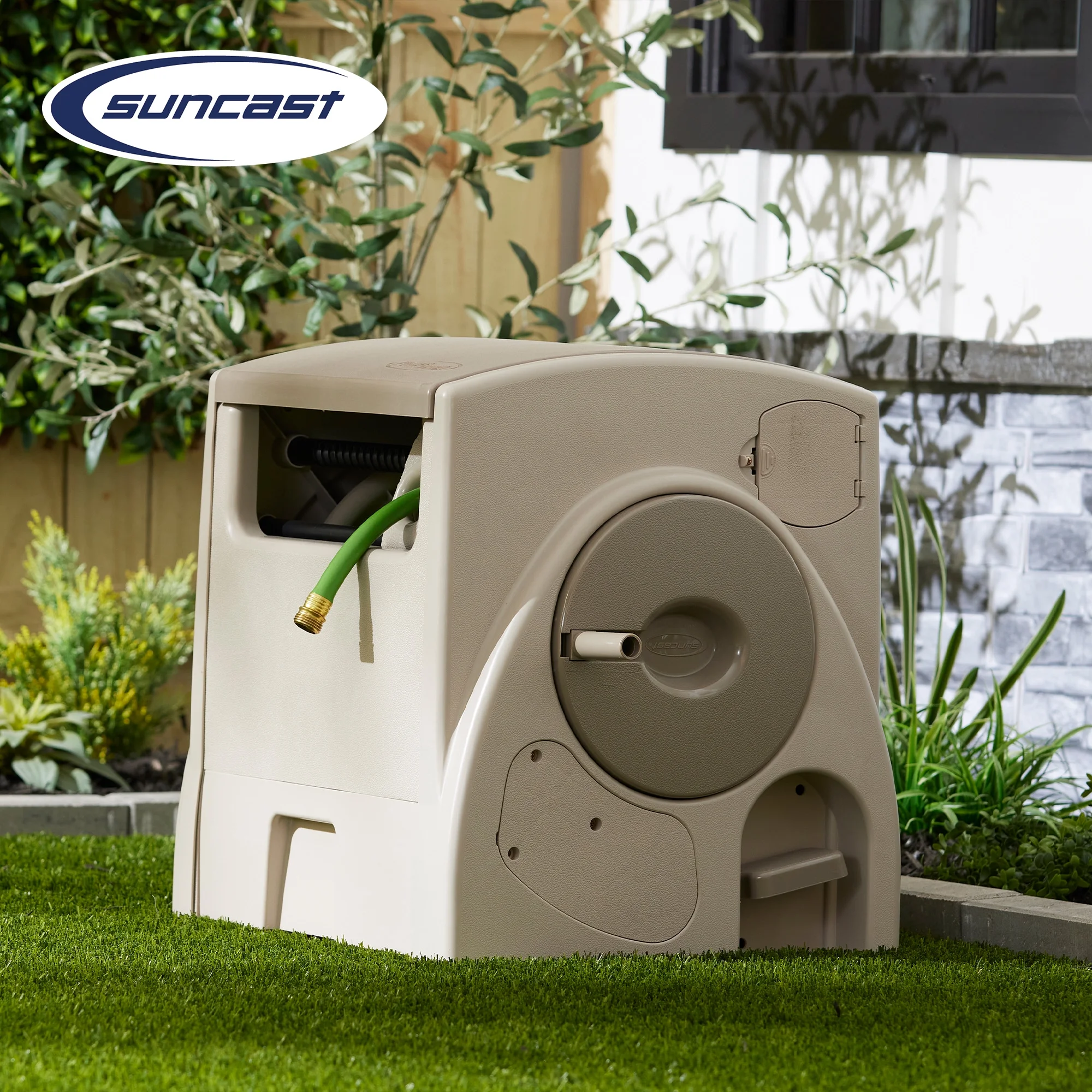 Suncast 100 - Ft. Powerwind Automatic Rewind Hose Reel, Light Taupe (2 Pack)