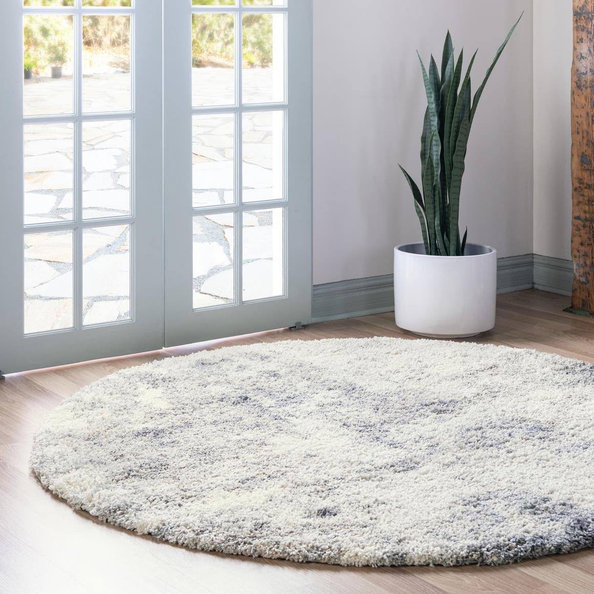 eSale Soft Touch Shag 5 ft Round Gray Abstract Area Rug