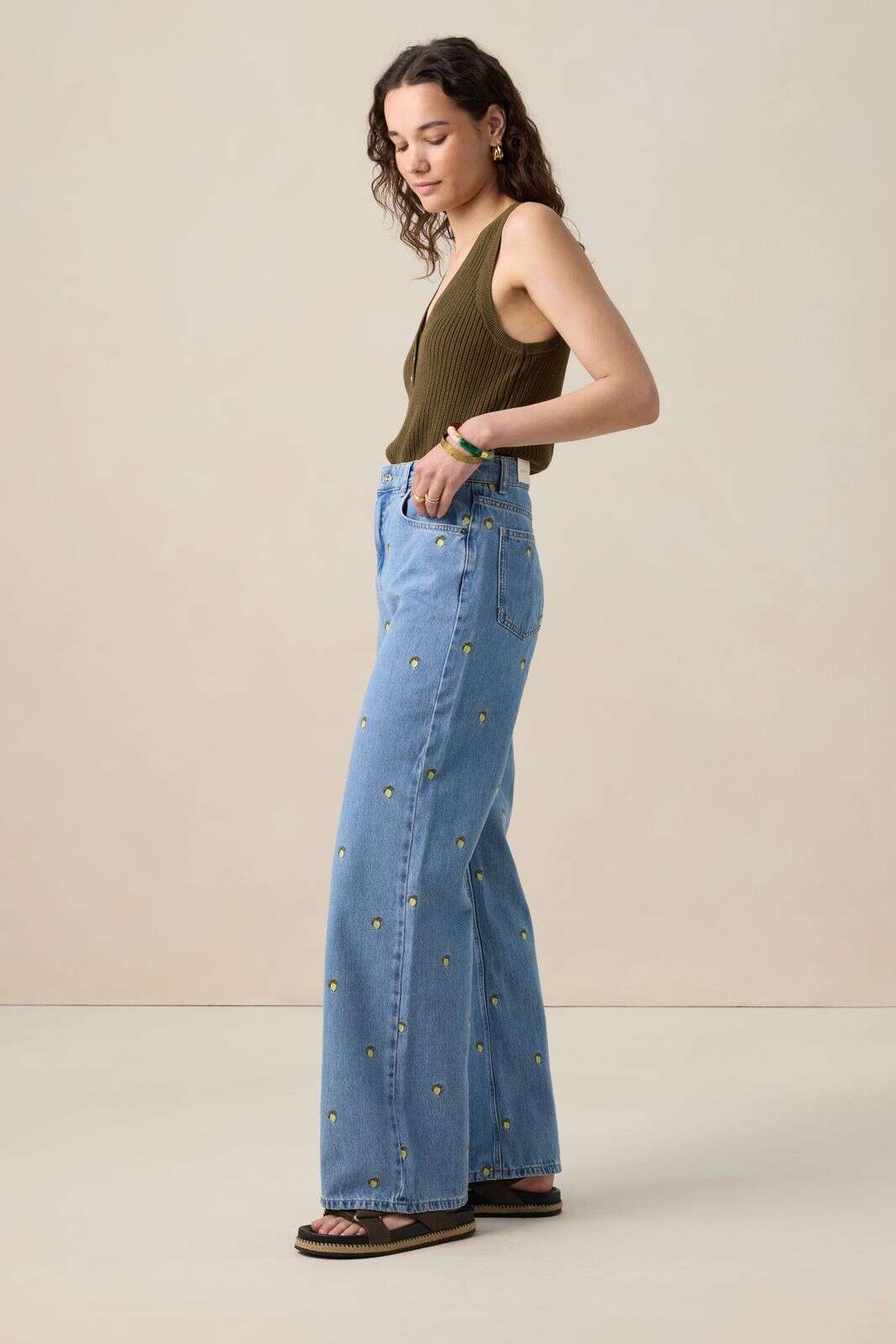 Blauwe high waist denim broek met embroidery