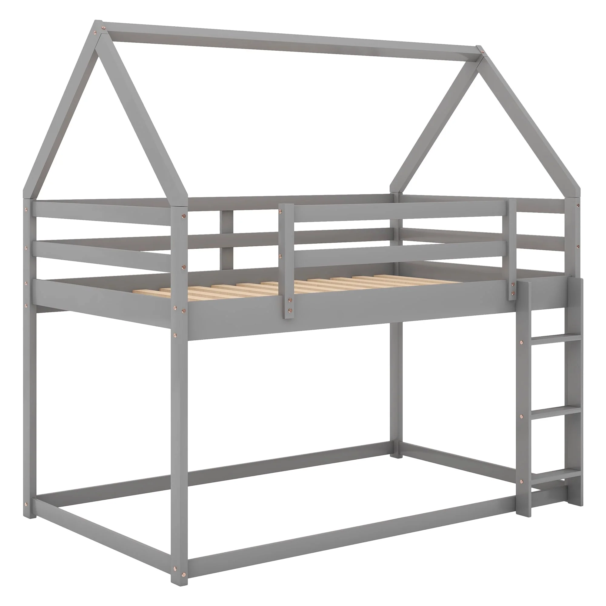 Euroco Twin over Twin House Bed, Low Bunk Bed for Kid's Room, Gray