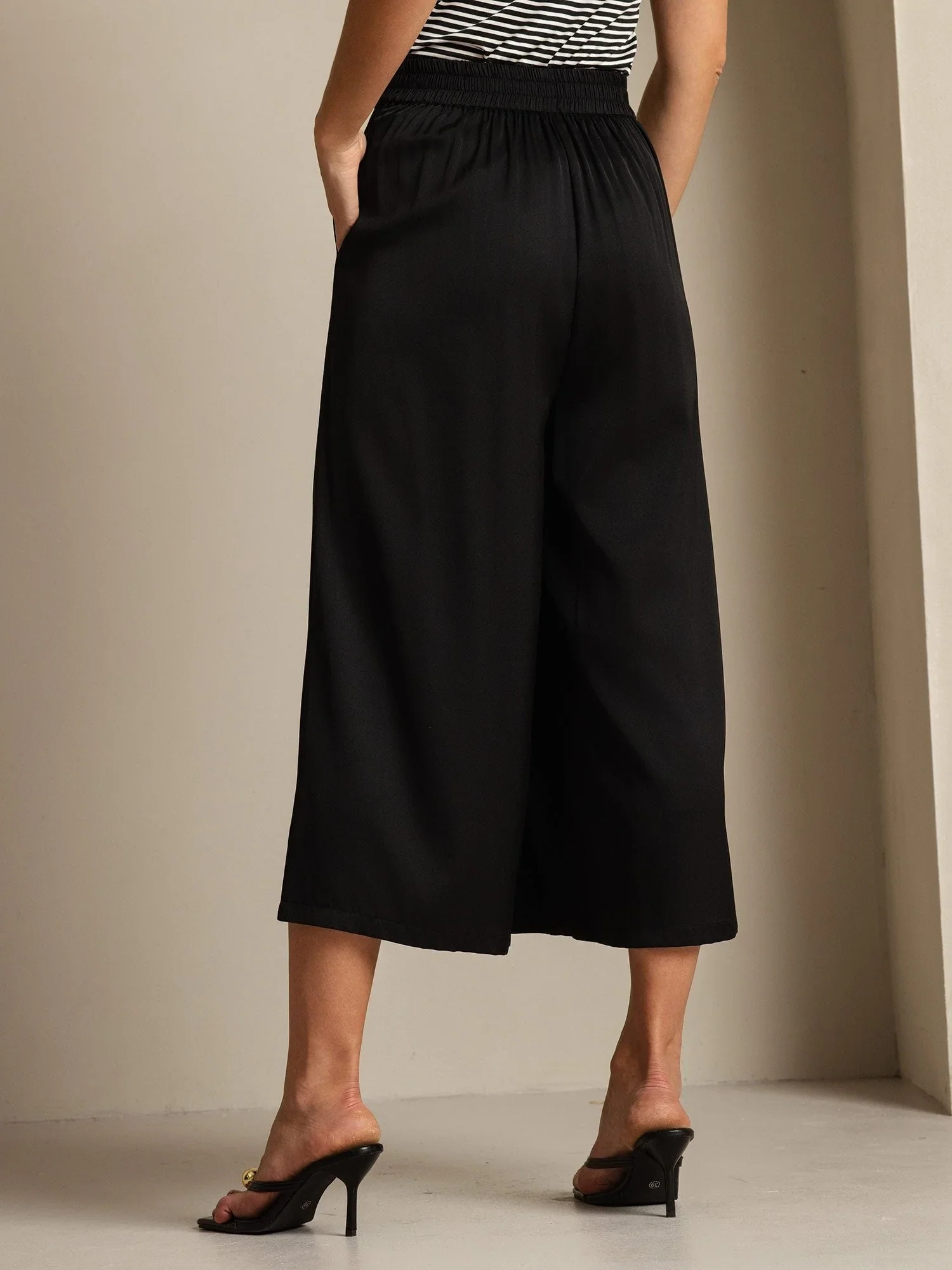 19Momme Silk Women's High Waist Pleated Wide Leg Capri Pants