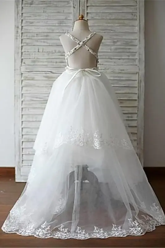 A-line/Princess Spaghetti Straps Sleeveless Beading Organza Flower Girl Dresses With Lace DM721