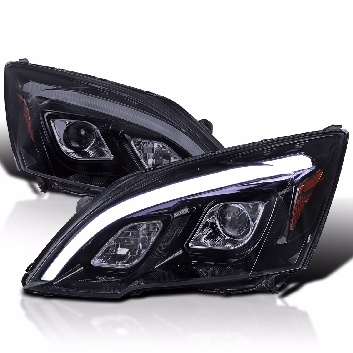 JDM Glossy Black Smoke LED Projector Headlights Compatible with 2007-2011 Honda CR-V, Left + Right Pair Headlamps Assembly(Glossy Black Housing Smoke Lens)