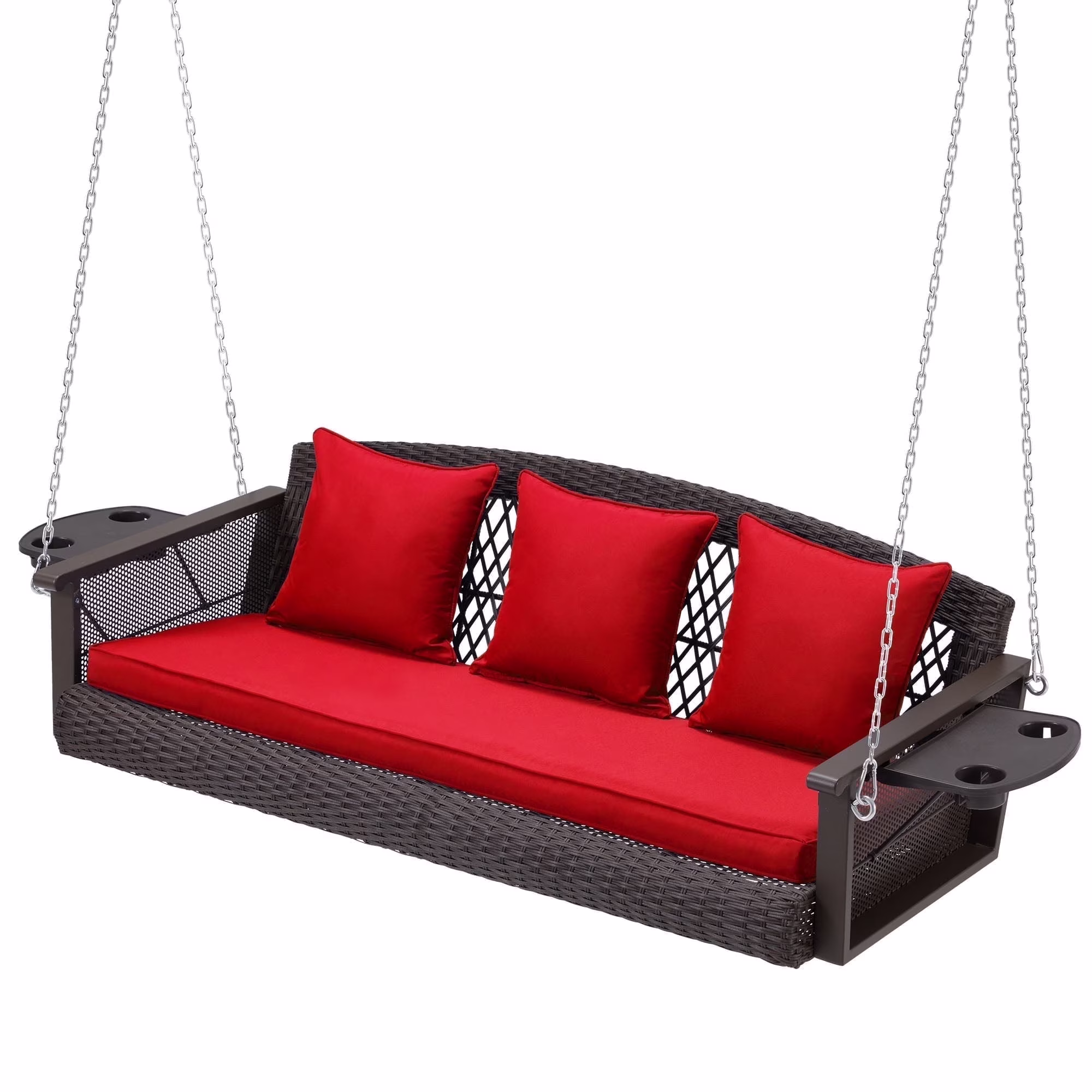 3-Person Porch Swing 55in Wicker Hanging Swing Bench with Cushions and Cupholders for Deck, Garden and Backyard, Beige(Beige) - Image 9