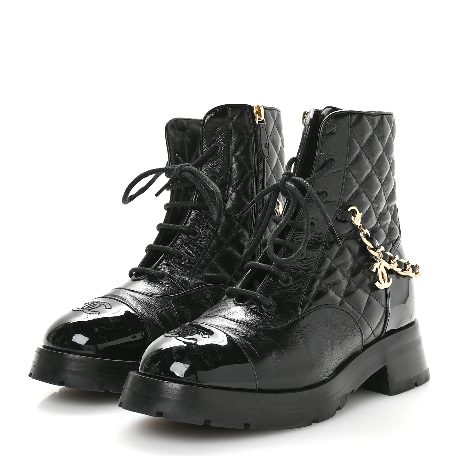 Shiny Calfskin Patent Quilted Chain Lace Up Combat Boots 40 Black