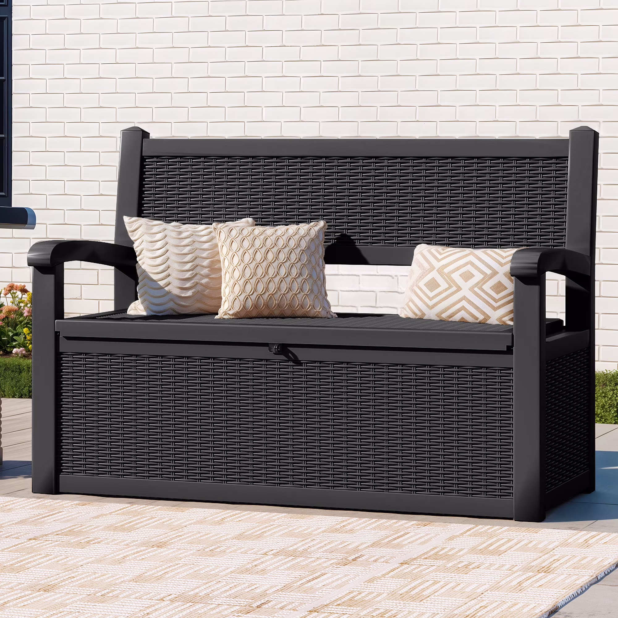 Modfusion 70 - Gallon Outdoor Resin Storage Cabinet with Rattan Backrest - Waterproof Patio Bench Seat, 500 lb Capacity, Black