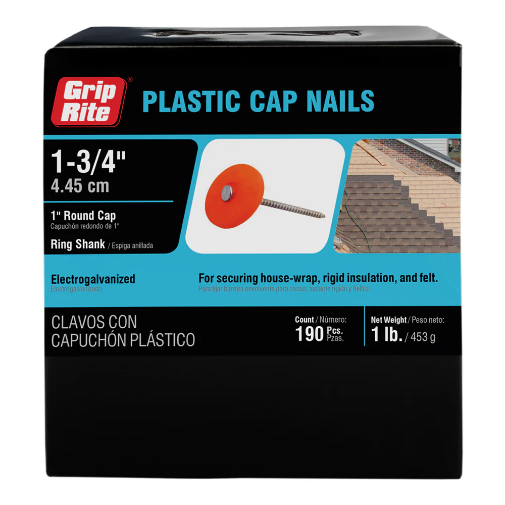 Grip-Rite 7/8 in Plastic Round Cap Nails, Ring Shank, Electrogalvanized, 2,000-Count Box (PRC-78)