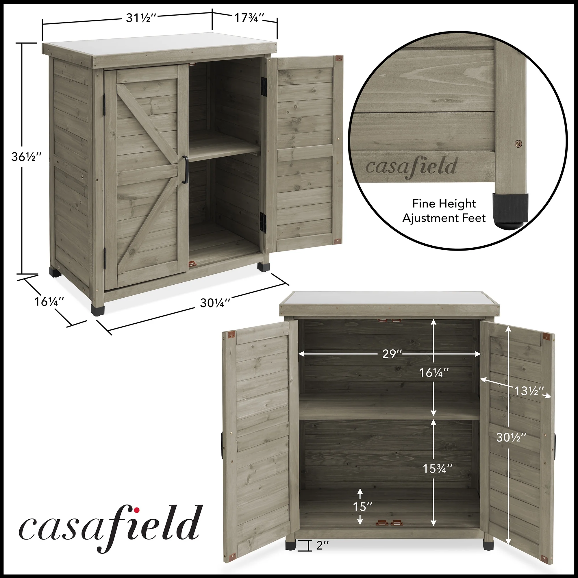Outdoor Storage Cabinet and Potting Bench with Metal Tabletop and Storage Cabinet Wooden Outdoor Garden Patio Workstation Table, Gray(Gray) Image 8