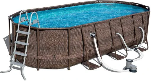 Piscine hors sol de 5,5 m x 2,7 m x 14,6 m avec structure métallique, pompe à filtre à sable, skimmer et aspirateur.