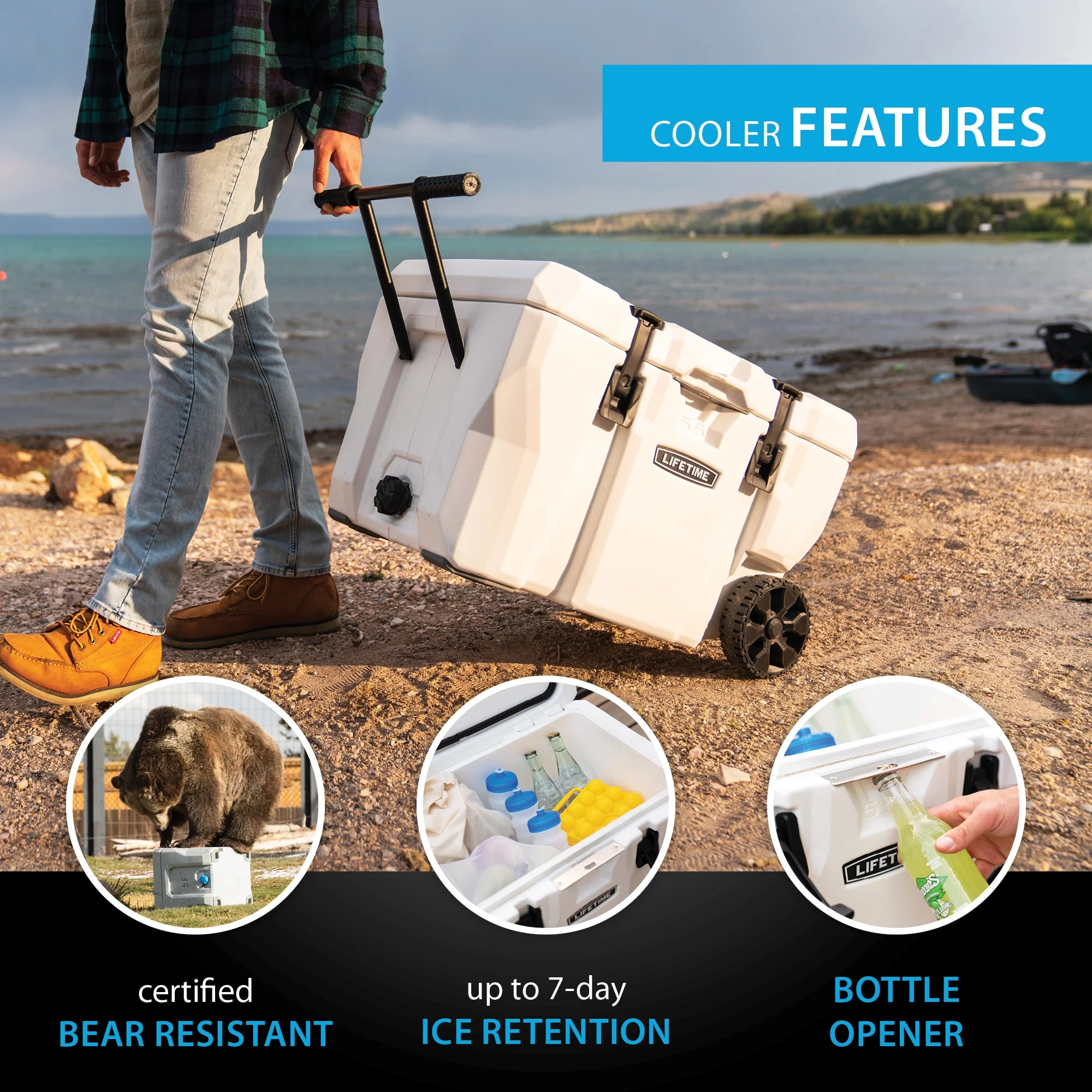 55 qt Bear-Resistant Camping Cooler Wheeled, Premium High Performance, Ice Retention, Hard Cooler, 60 Can Capacity, White (91072)(Single) - Image 5