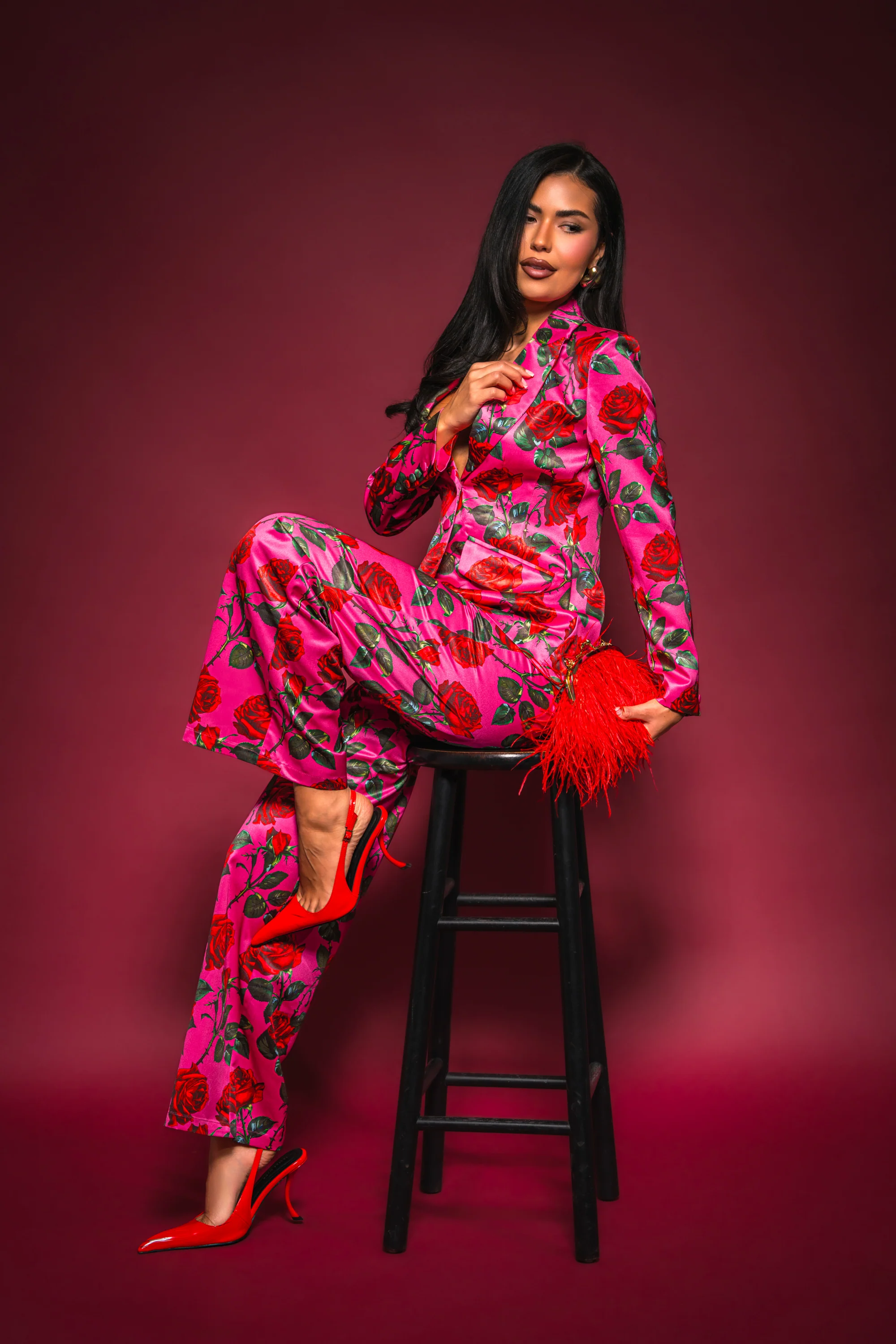 DOZEN ROSES SATIN BLAZER IN FUCHSIA - Akira Store
