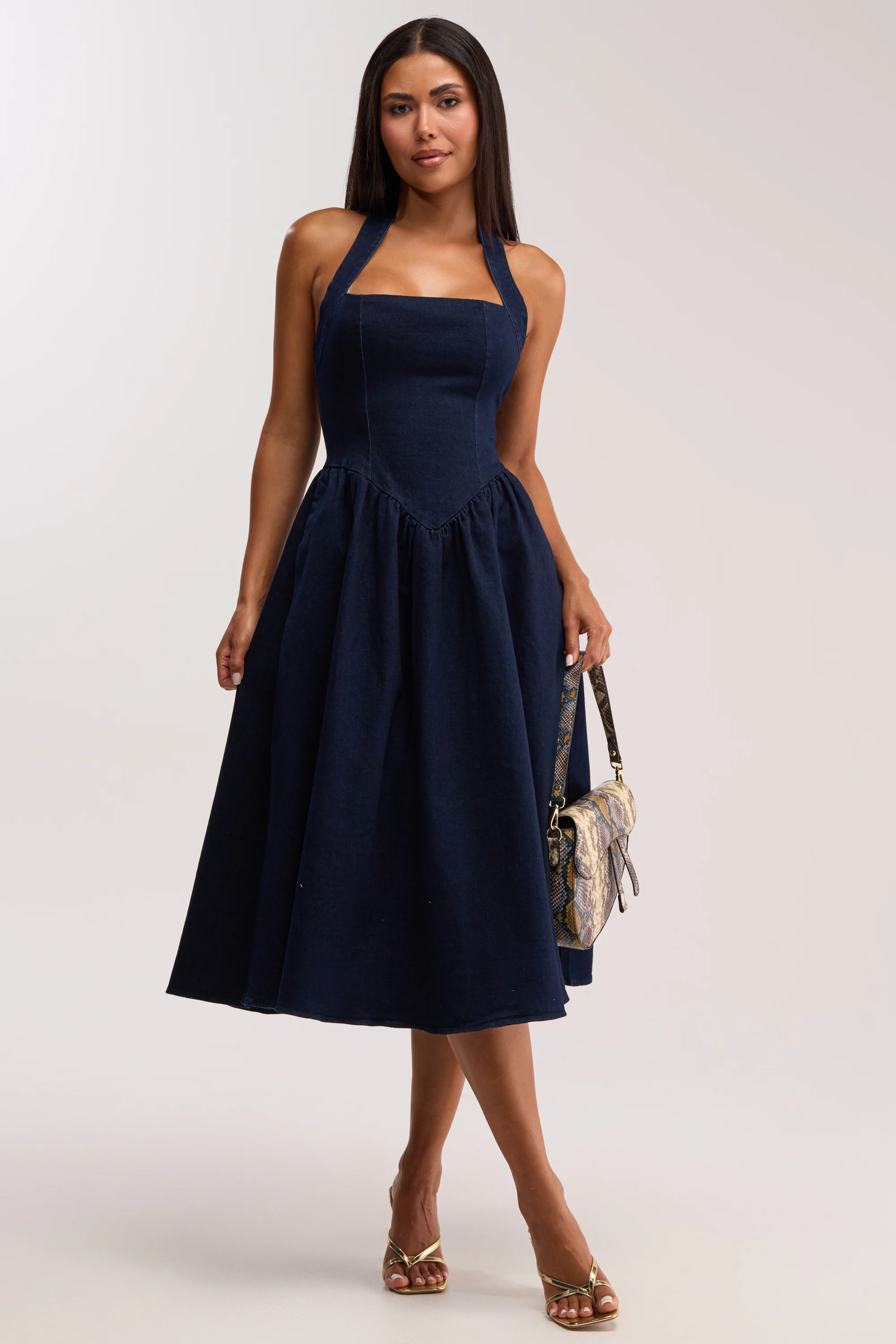 MISS INDEPENDENT DENIM HALTER MIDI DRESS - Akira Store