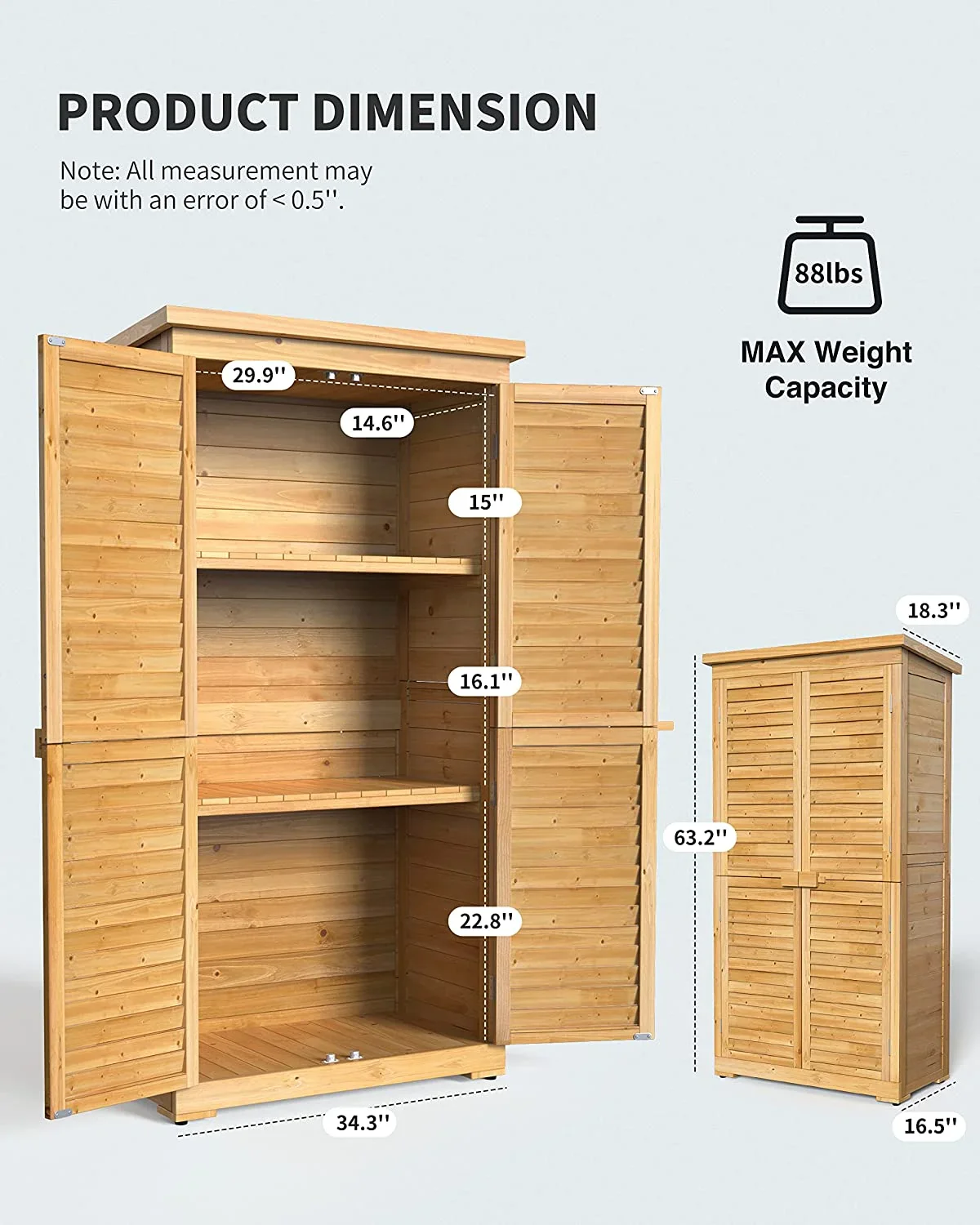 63.2 Outdoor Storage Cabinet, Lofka  Lockable Doors Garden shed with Adjustable Shelves| Asphalt Roof| Ventilate Shutter, Wood Shed with Large Storage Space, Waterproof Roof for Garden, Natural