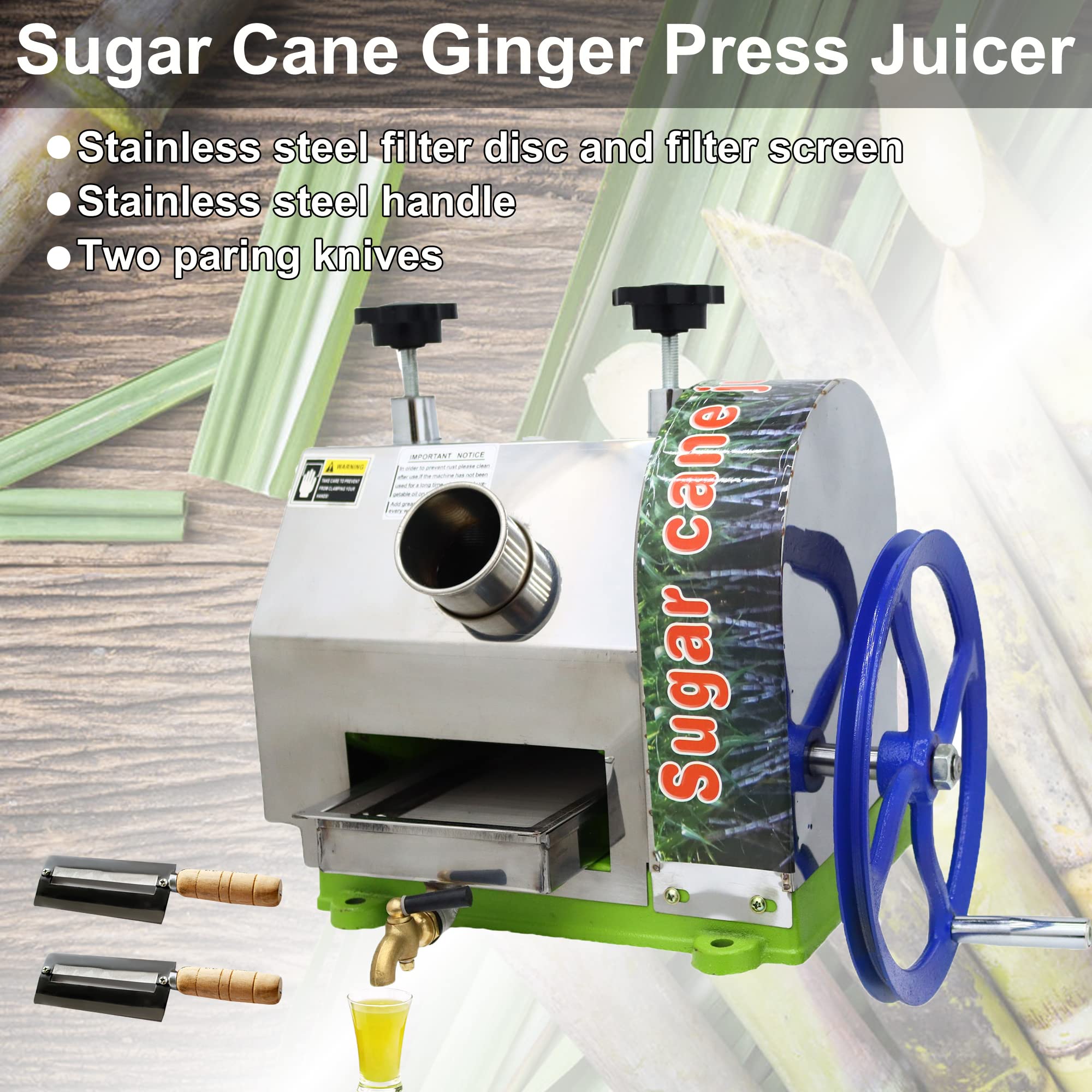 Sugar Cane Juicer Manual Sugarcane Juice Extractor 2.4In Inlet 330LBS/H Output Three Rollers Sugar Cane Press Juicer with 2 Peeling Knives for Household and Commercial Use