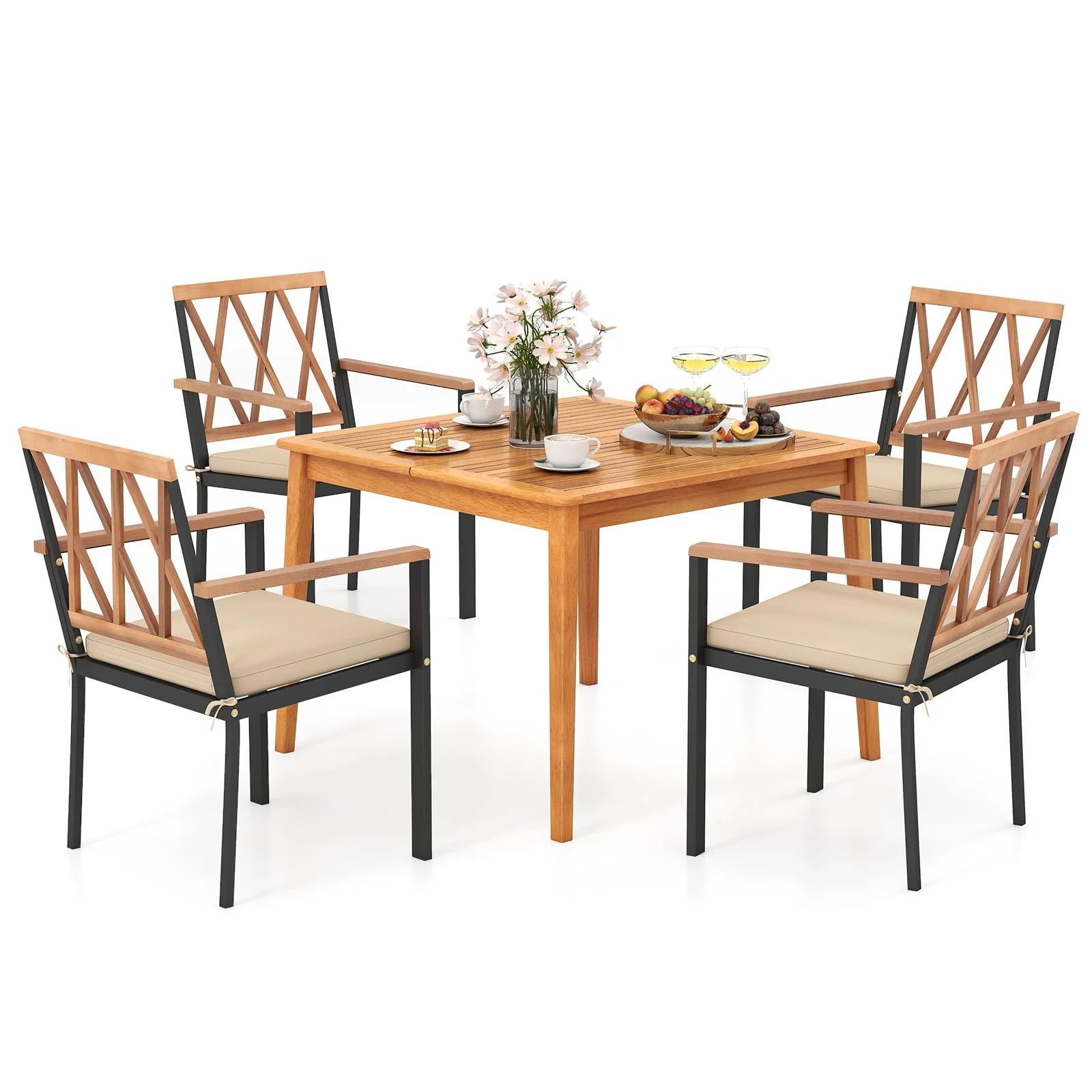 Tangkula 5 Piece Patio Wood Dining Set Outdoor Square Acacia Table Metal Chairs Set