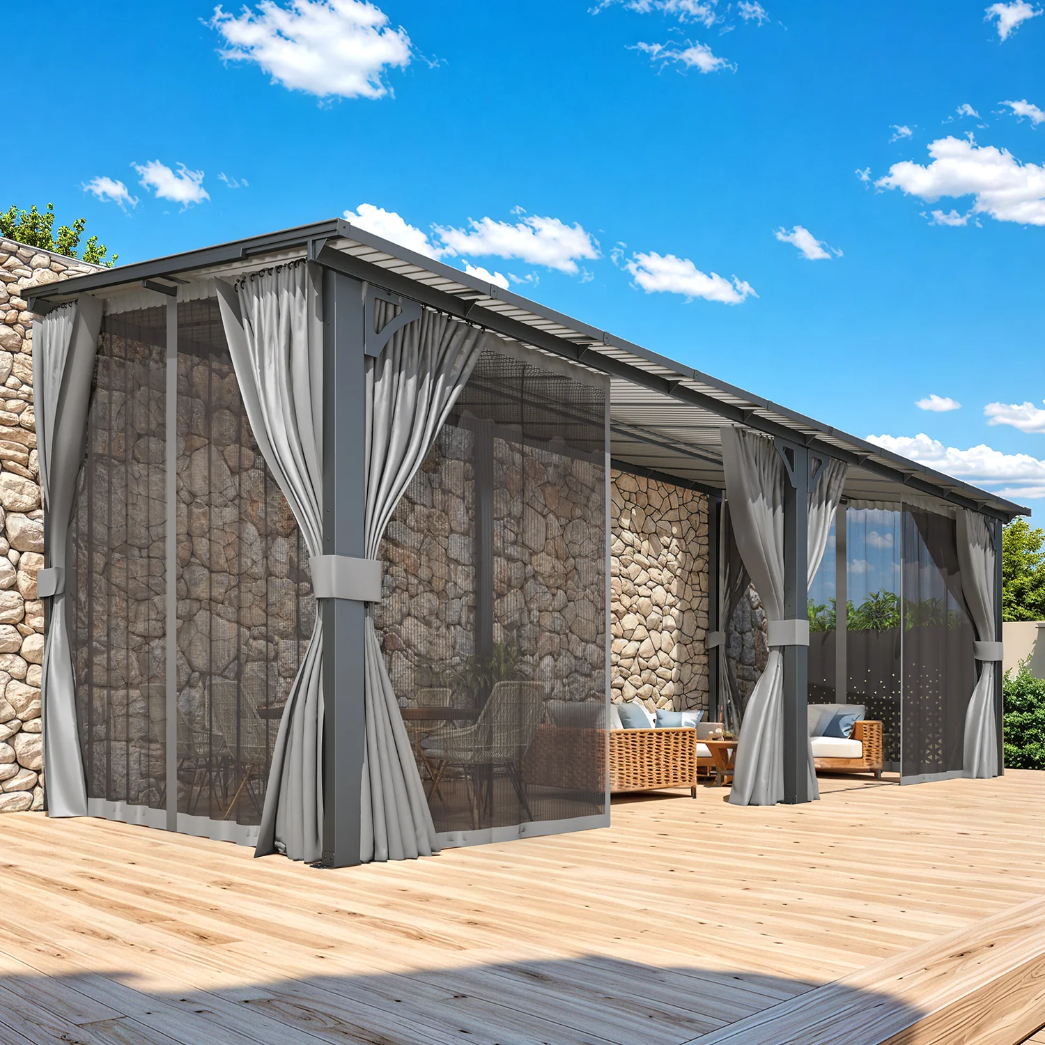 AECOJOY 20'x8' Wall Gazebo with Curtains and Mosquito Netting, Gray