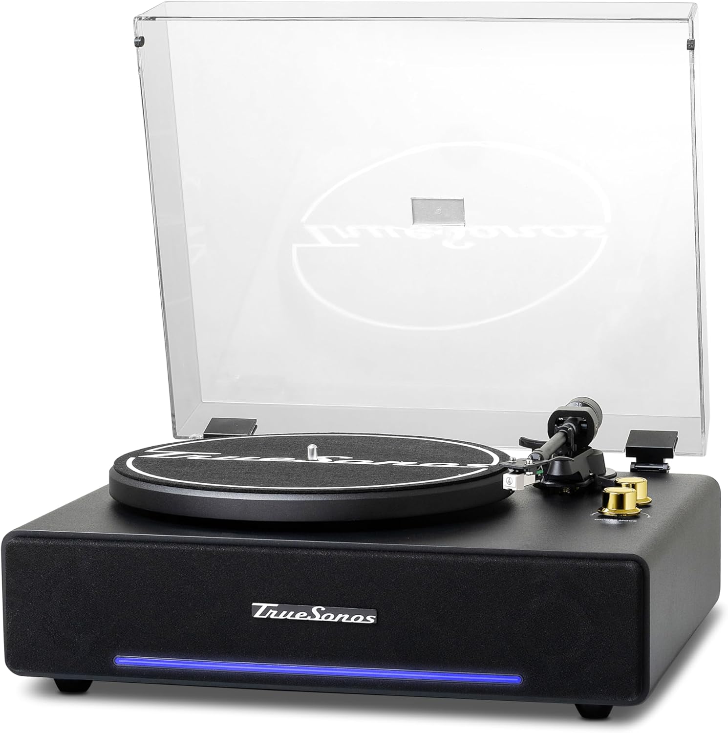 Hi-Fi Record Player with Speakers | Premium Vinyl Turntable with Bluetooth Capability | Built-in 4-Speaker Stereo System for Music Fans  Black Veneer + Gold Trim