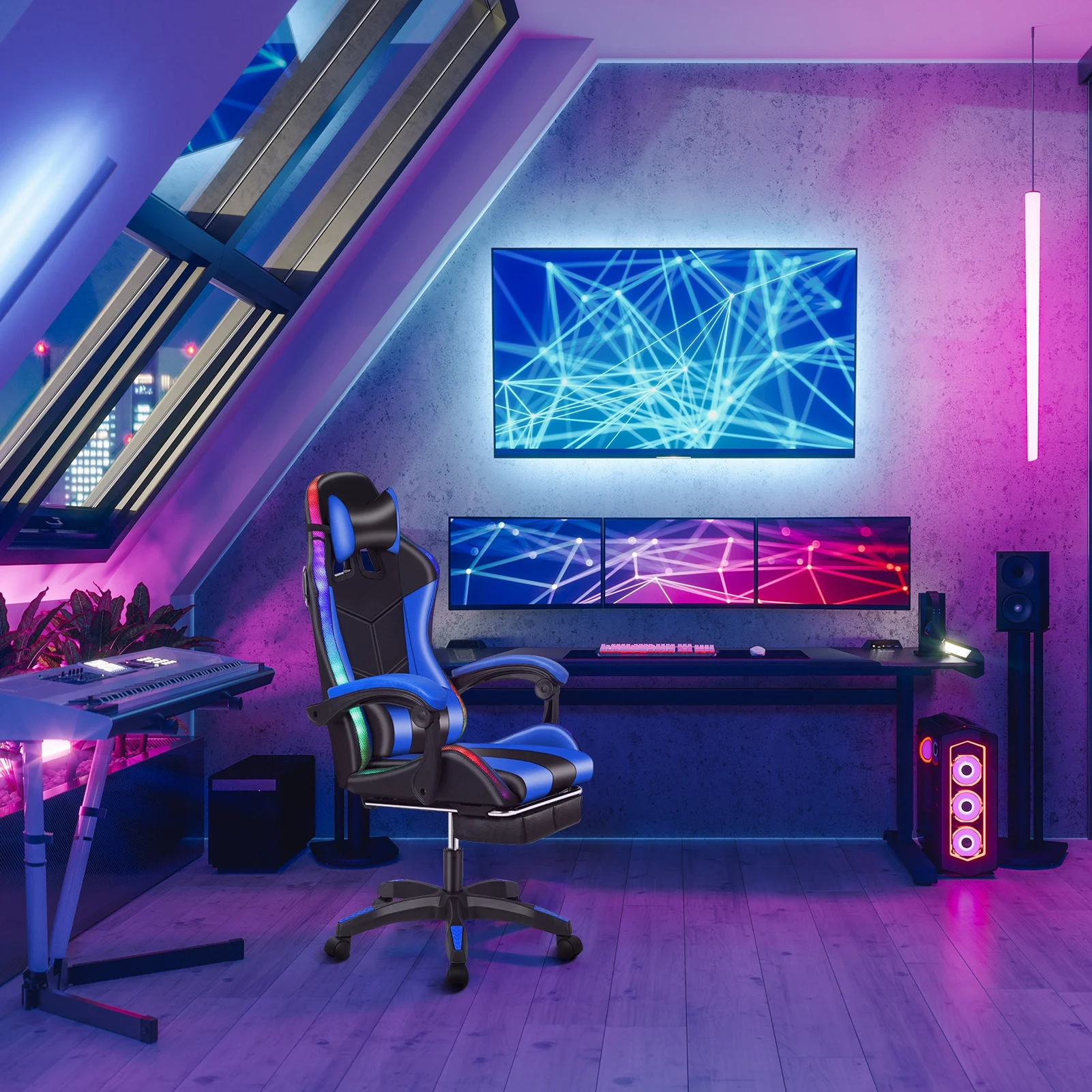 Gaming Chair with Bluetooth Speakers and RGB LED Lights Ergonomic Massage Video Game Chair with Footrest High Back with Lumbar Support(Black Blue) - Image 7