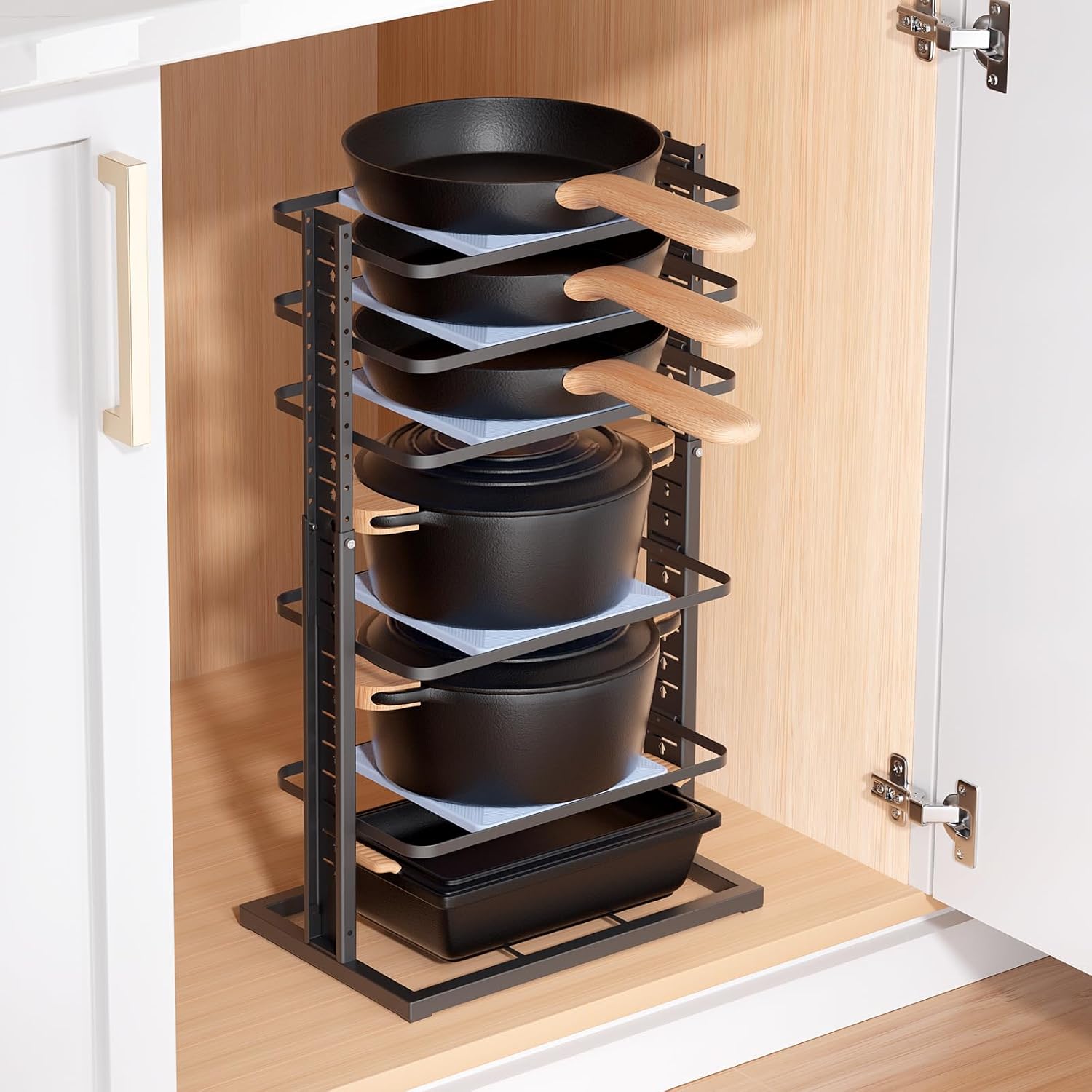 LAMU Pots and Pans Organizer for Under Cabinet, 6-Tier Heavy Duty Pan Pot Organizers inside Cabinet Adjustable 14 to 24.57