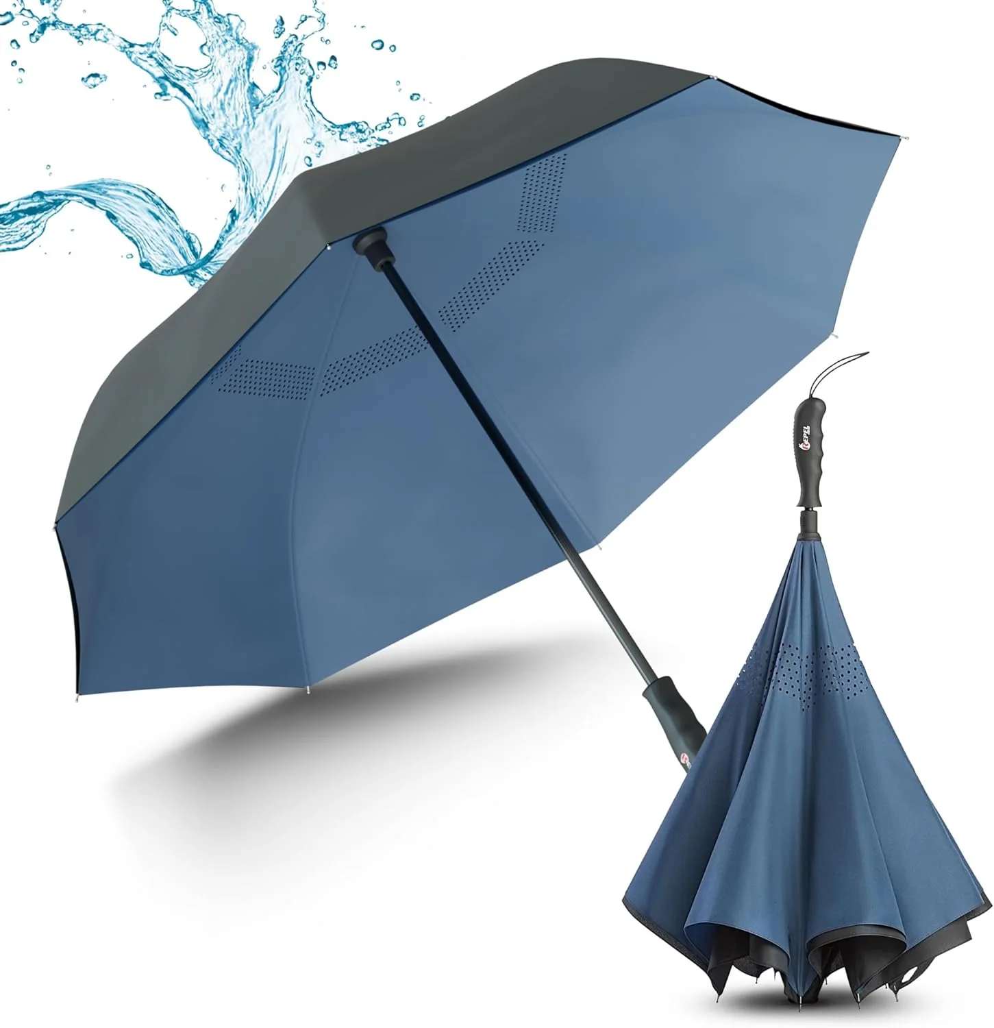 Umbrella with Sturdy Shaft, 8 Reinforced Ribs, Teflon Coating, Black-Navy Blue Inverted Umbrella Compact, Windproof Upside Down Umbrella for Women, Men, Inside Out Umbrella